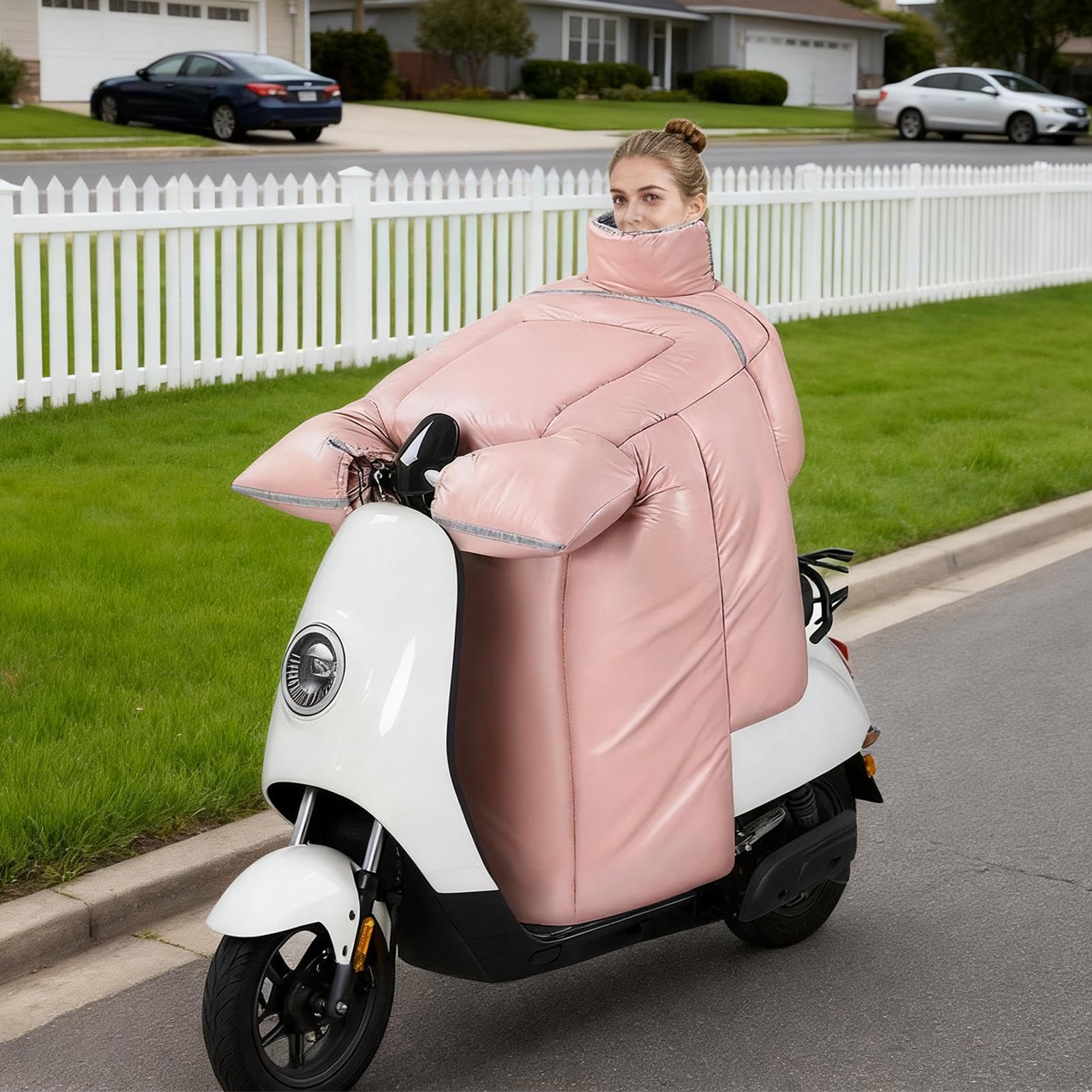 Copertura antivento per scooter e gambe, imbottitura trapuntata, impermeabile, foderata in peluche, antivento, per moto, in inverno, con guanti, per le donne, per motorini, ginocchia, petto, collo S