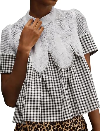 Gozoloma Womens Plaid Lace Short Sleeve Blouse
