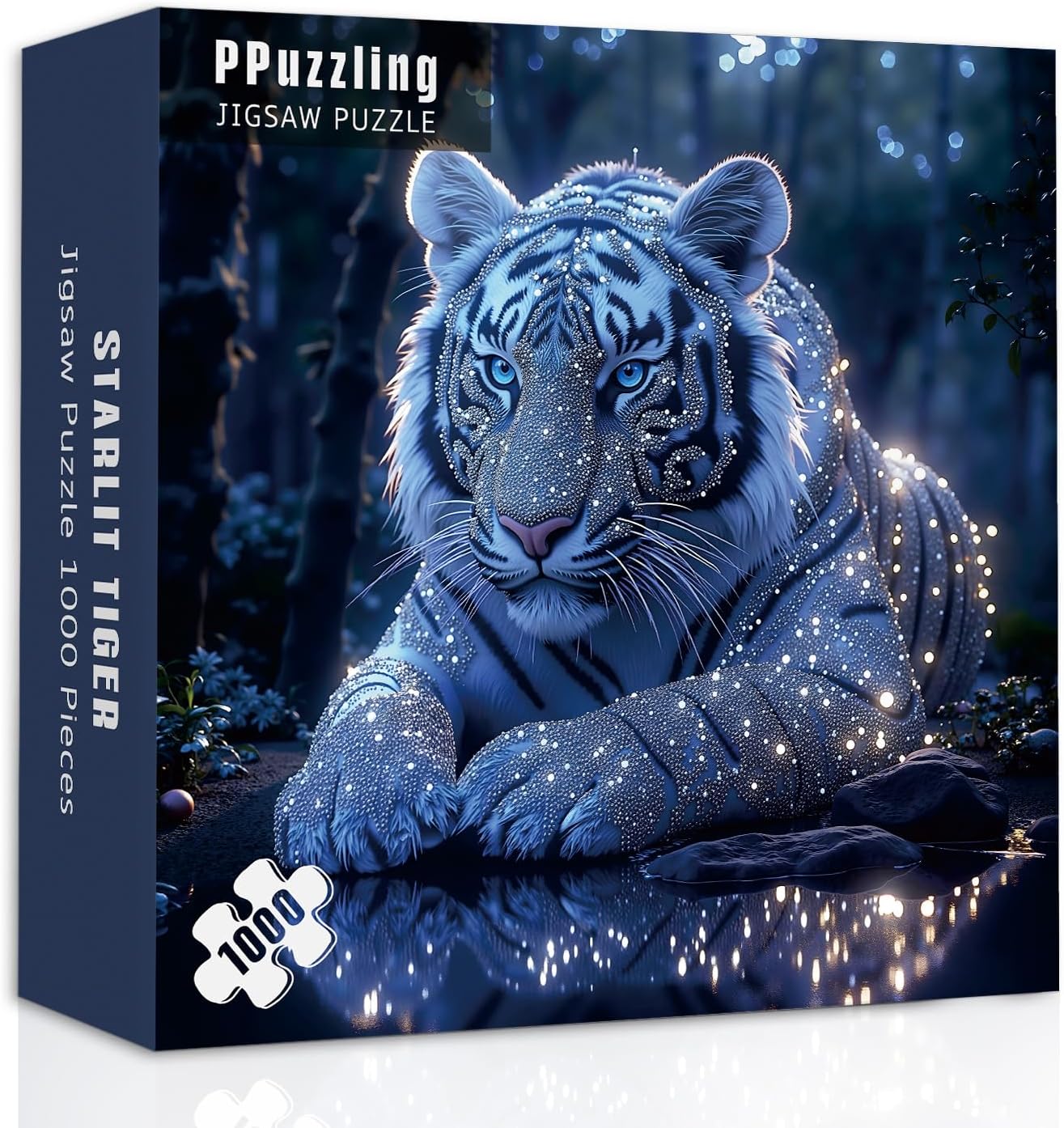 White Tiger Puzzles for Adults 1000 Pieces, Glowing Blue Forest Scene Jigsaw Puzzles, Fantasy Wildlife Animal Puzzle
