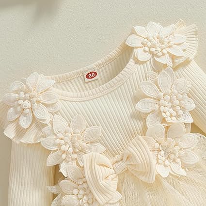 HEOXIN Romperjurk voor Pasgeboren Babymeisjes, Kant Bloemenborduurwerk Sundress Tutu Dress, Mouwloze A-lijn Prinsessenjurk met Bloemenhoofdband voor Baby's van 3-6 Maanden, Beige