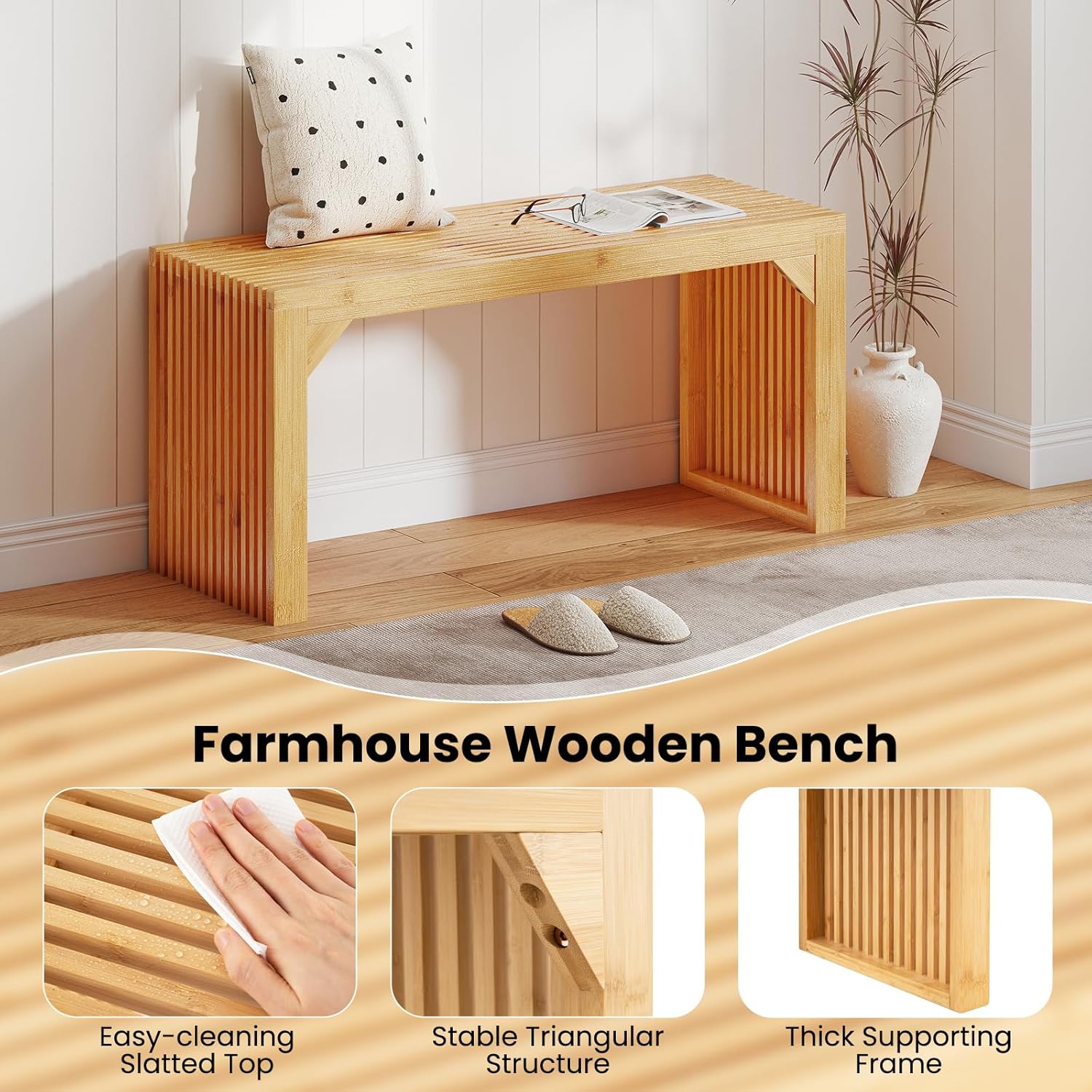 Giantex Bamboo Dining Bench, 90CM Long Entryway Bench, Indoor Outdoor Solid Wood Bench, Farmhouse Modern Seating Furniture for Dining Living Room Kitchen Bedroom Bathroom Hallway Front Door End of Bed