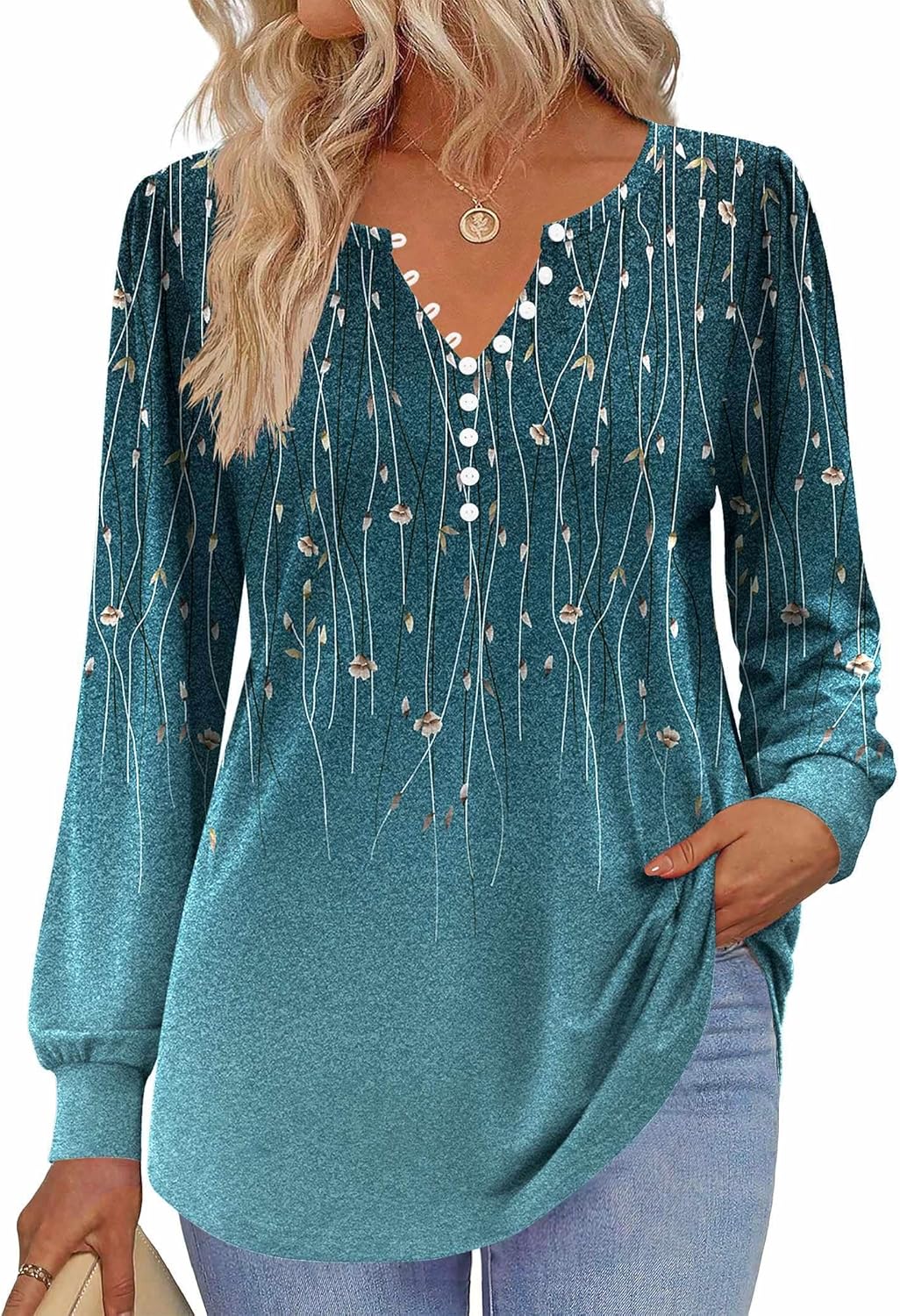 Zeagoo Fall Tops for Women Long Sleeve Button Up Shirts Floral Tunics V Neck Pullover Blouse - Image 2