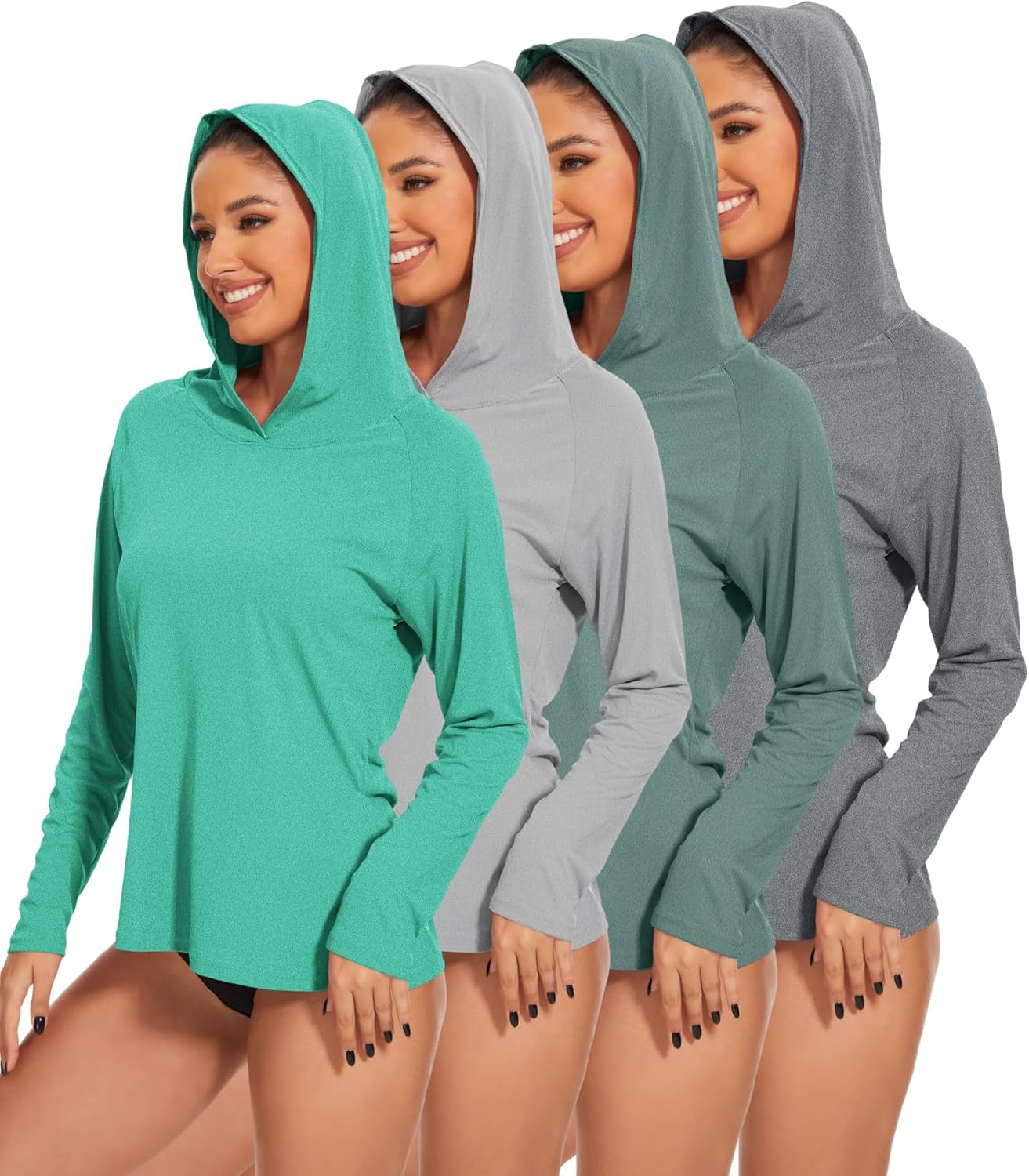 Kinglaman 4 Pack Women's Sun Protection UPF 50+ Hoodie SPF Long Sleeve Hiking Fishing UV Athletic Shirts Lightweight