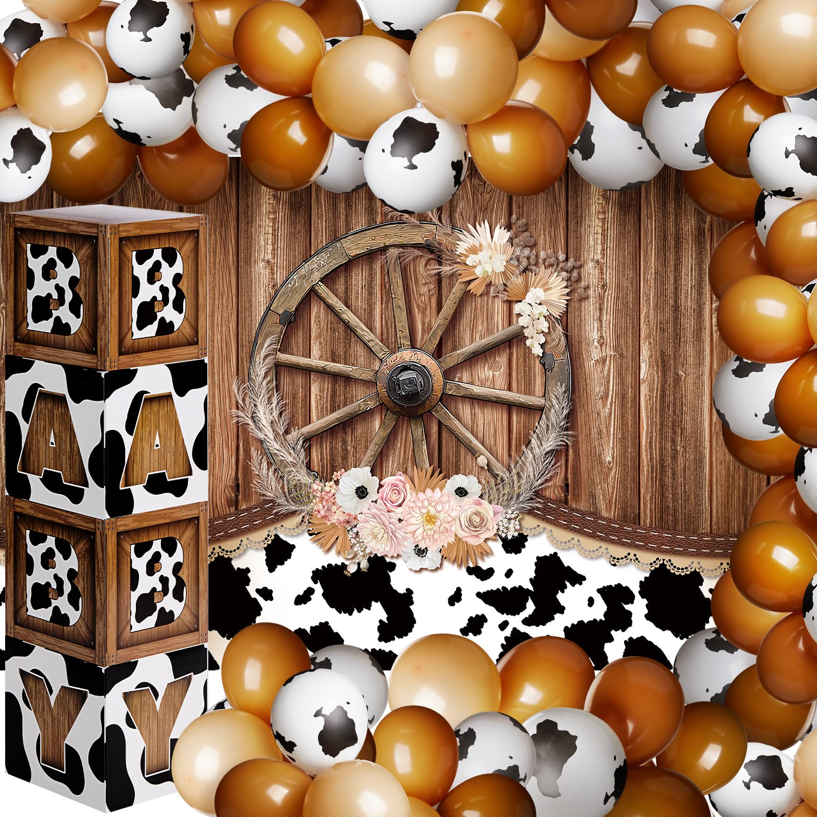 Cow Printed Birthday Decorations Kit Cow First Birthday Party Supplies Backdrop Balloon Garland Boxes Blocks for Cow Birthday Farm Themed Party Decorations,140 Pcs