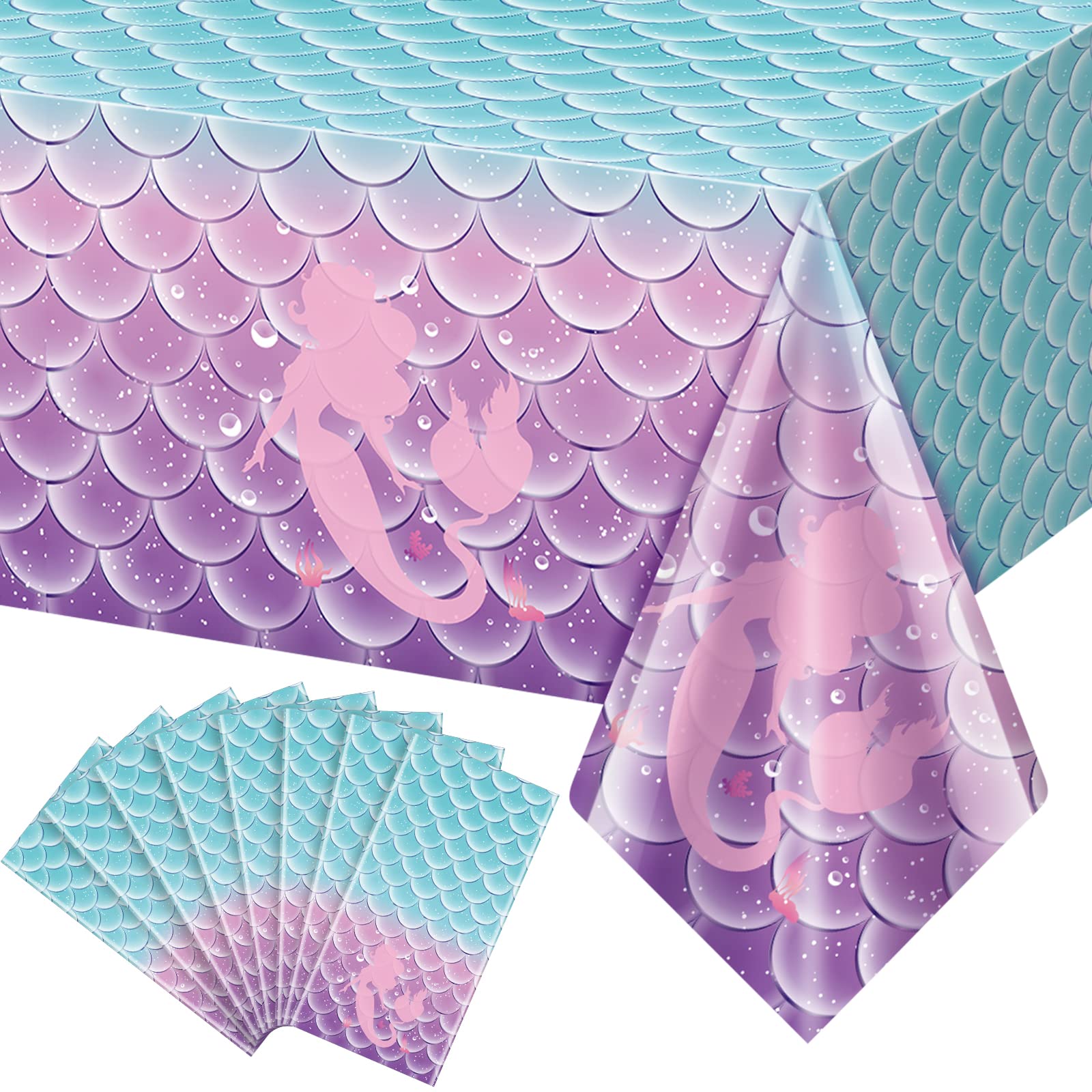Jectivs 8Pcs Mermaid Birthday Party Tablecloth Decorations,Disposable Plastic Table Cover for Princess Under The Sea Baby Shower Themed Birthday Party