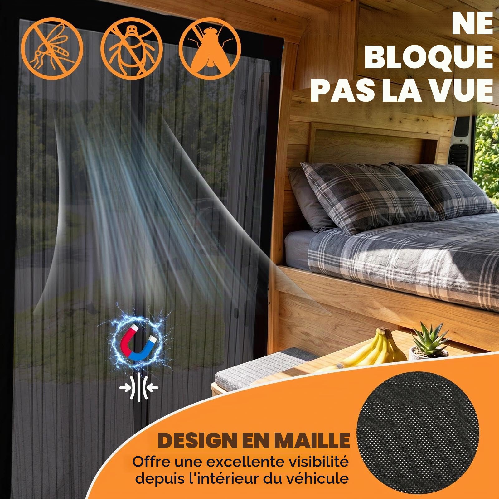 Moustiquaire Magnétique pour Porte Arrière Latérale 150x110 cm Moustiquaires en Maille Noire pour Camping Pêche Voyage et Pique Nique Extérieur