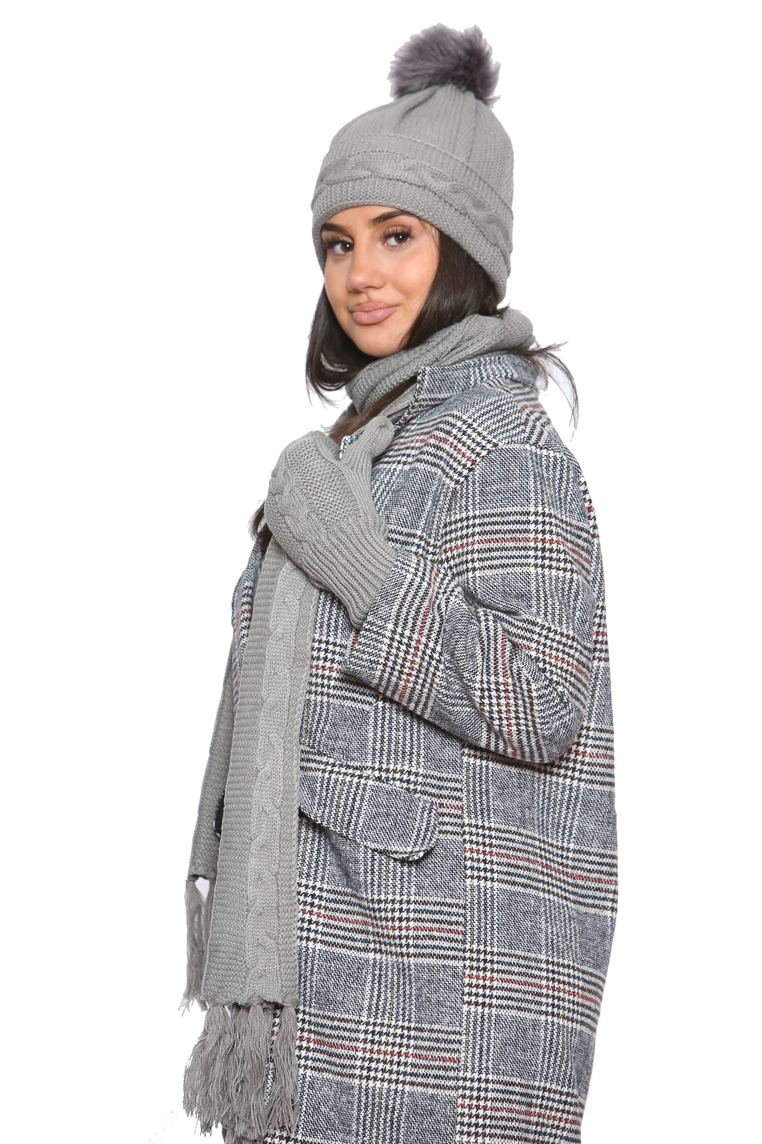 Click2style Women's Grey Knitted Woollen Wooly Hat Scarf & Mitten Set Warm Cozy Soft (Grey)