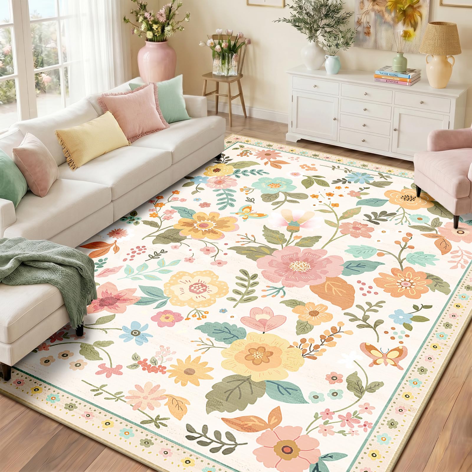 Photo 1 of ** SIMILAR *** RELEANY Floral 8x10 Area Rug Machine Washable Soft Print Boho Carpet Non Slip Doormat Low Pile Flower Area Rugs for Living Room Bedroom Nursery Kitchen Dining Room Indoor-Beige/White/Orange