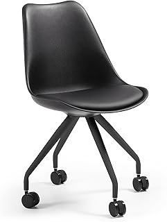 Kave Home - Silla de Oficina Ralf Negra de Piel sintética y Patas de Acero en Negro con Ruedas