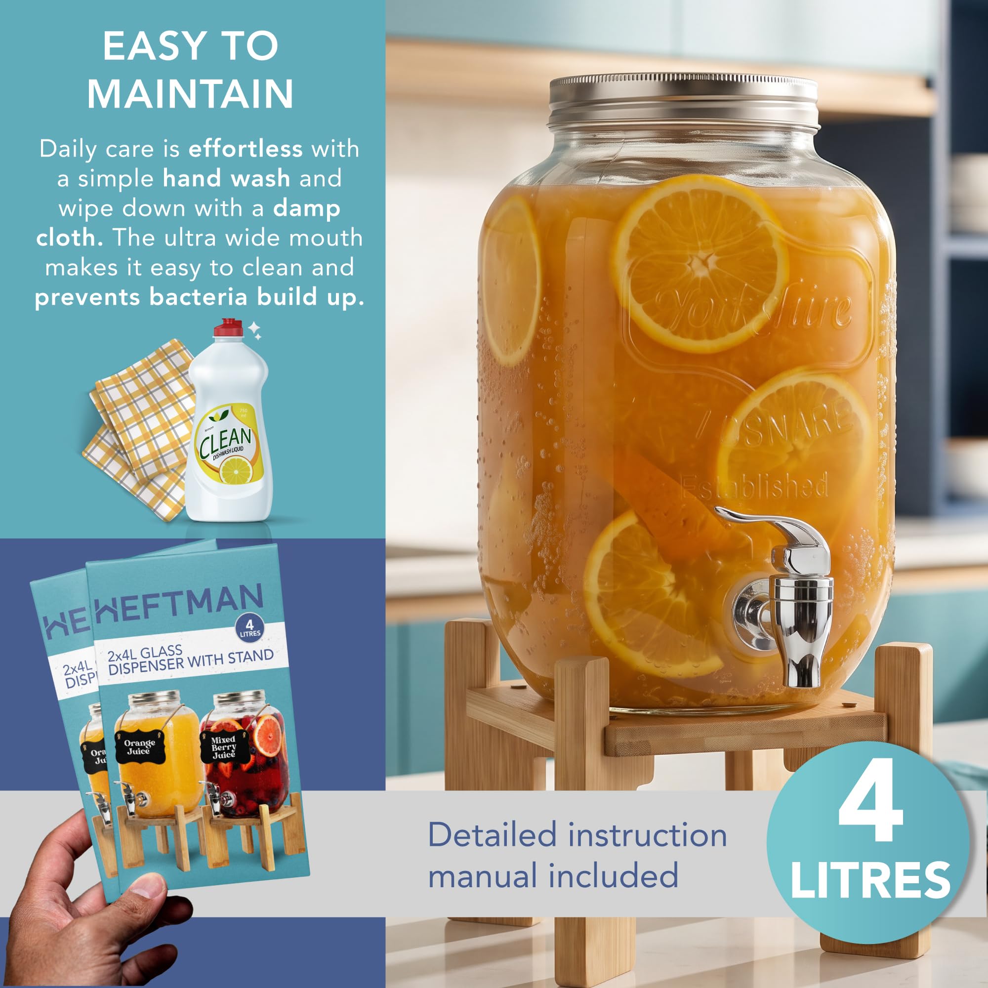 HEFTMAN Dispenser per bevande in vetro con rubinetto, 2 x 4 litri, vuoto, con robusto supporto in bambù, per acqua, succhi, cocktail, limonata