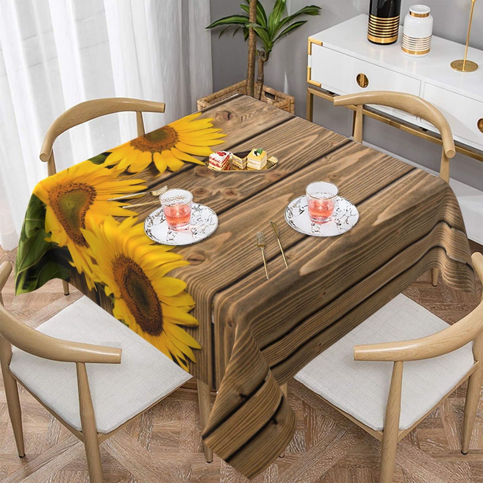 Lawenp Three Sunflowers On Wooden Square Wrinkle-Free Table Cloth Cover Table Decorative for Wedding Dinning Party Banquet Tabletop