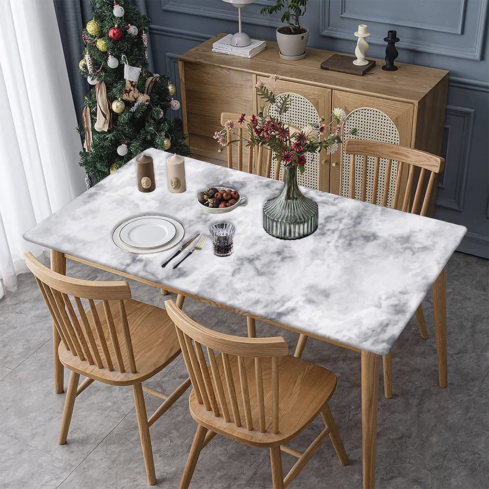 Marble Elastic Fitted Polyester Tablecloth, 30