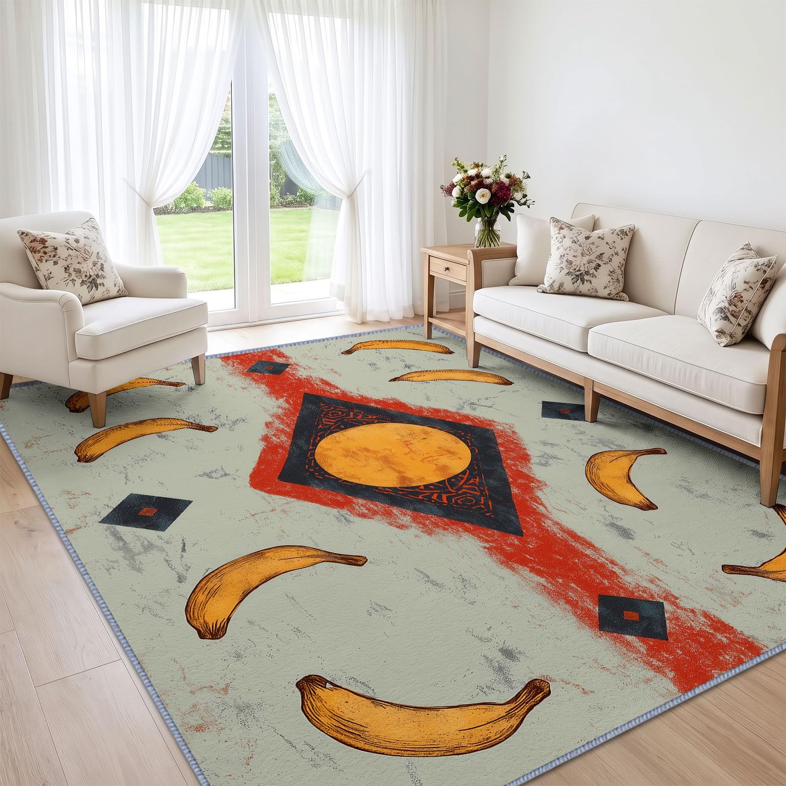 Générique Bananes Soleil Tapis Salon 120x176 cm, Lavable en Machine AntidéRapant Poil Ras Minimaliste Industriel Moderne Vieilli Tapis, pour Chambre Salle a Manger Descente de Lit Bureau Cuisine