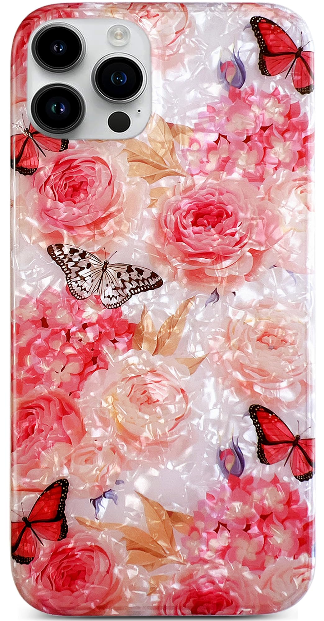 Qokey for iPhone 14 Pro Max Case 6.7 inch,Clear Sparkly Luxury Rose Flower Shell Pattern Design,Soft Shockproof Bumper Lightweight Phone Cover for