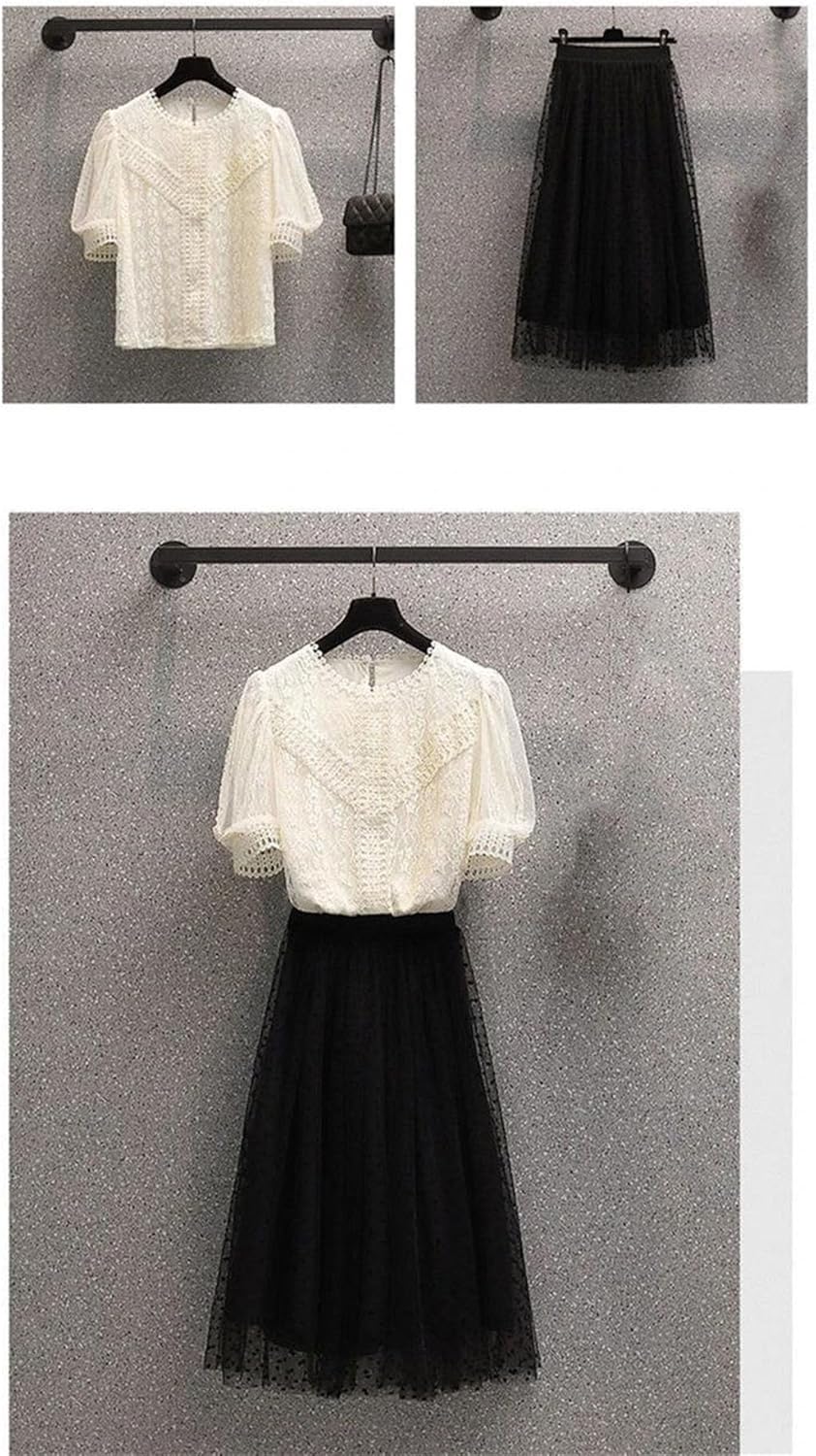 Women's Lace Mesh Shirt Puff Sleeve Tops A-Line Skirts Two Piece Set