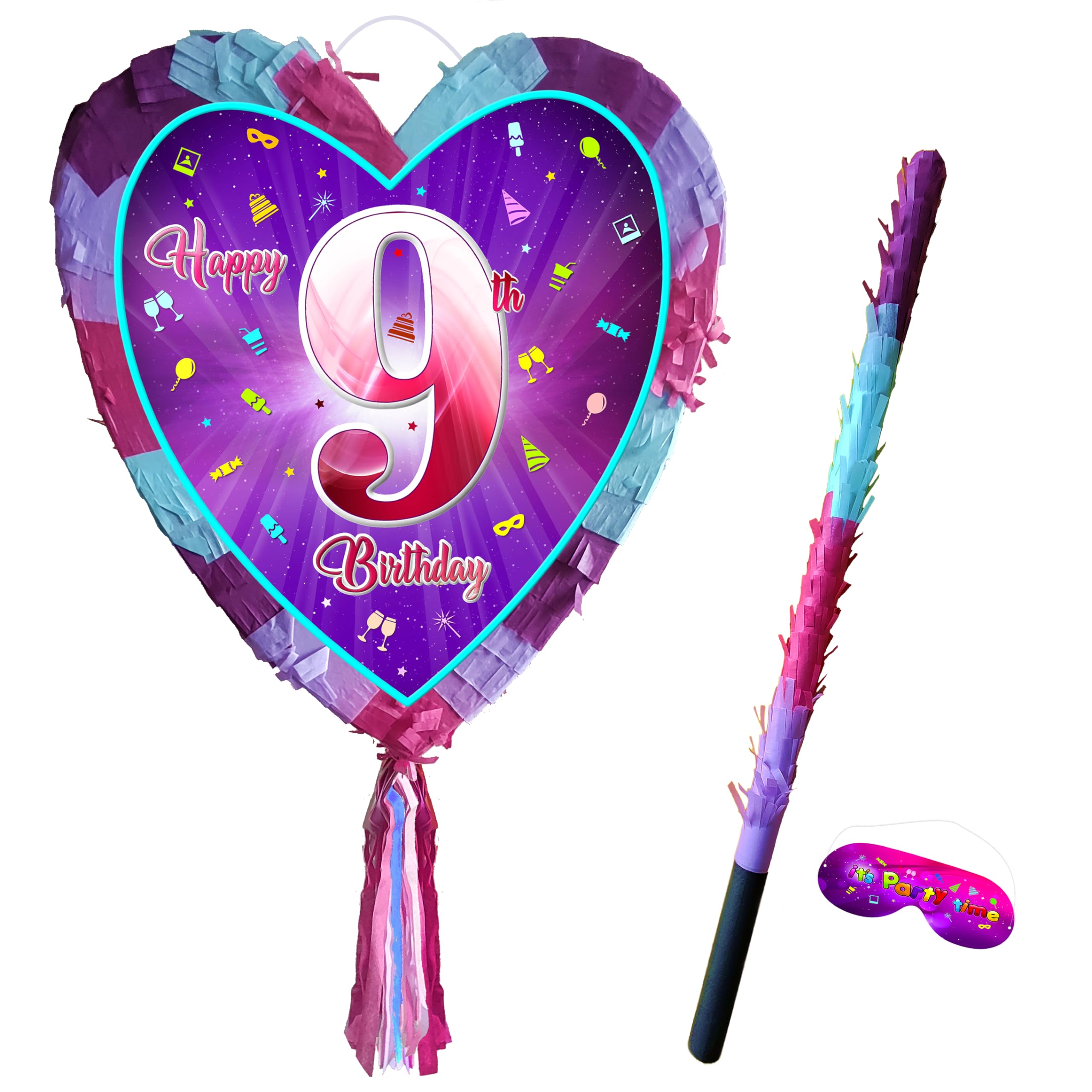 9th birthday pinata with stick - Girls Nine party smashing game - Big 41cm x 38cm, Pink, Purple, Sky Blue - Image 4