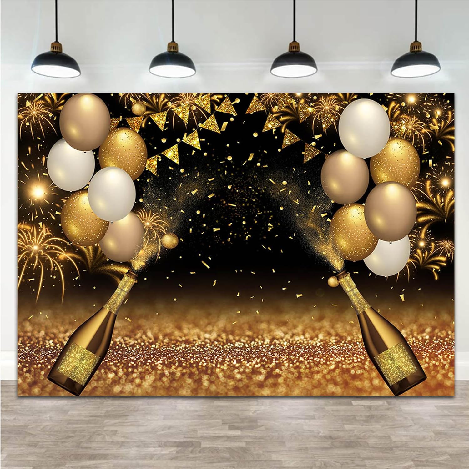 Black Golden Balloons Photography Background Gold Champagne Bokeh Photo Backdrops for Graduation Prom Holiday Party Supplies Father's Day Birthday Decoration Studio Props Banner 10x8ft