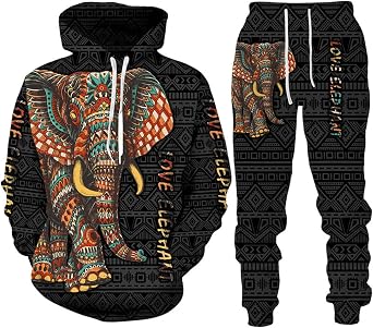 GUREITOJP Top and Bottom Set, Mens Sweatshirt, Hooded, Thick, 3D Print, Elephant Pattern, Casual, Pullover, Loose, Autumn, Winter, Long Sleeve, Simple, Thermal Insulation, Basic, Outerwear, Unique
