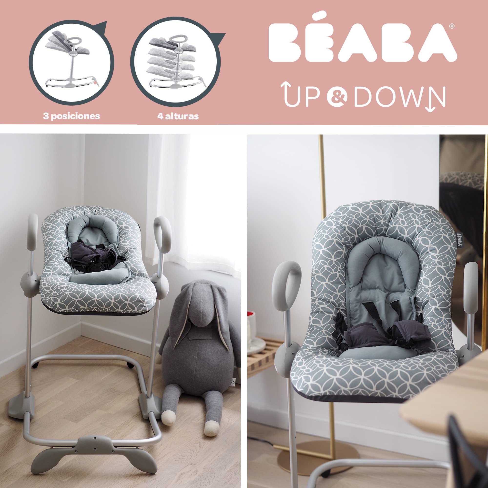 BÉABA Up & Down III, Hamaca para bebés y niños, Altura ajustable, Función balancín y 4 alturas diferentes, Unisex para niños, Ergonómica y segura, Verde (Hojas)