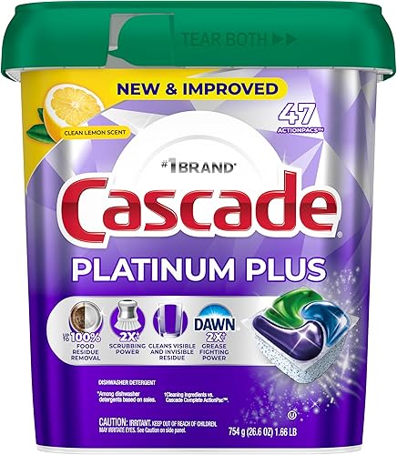 Miniatura 10 de Cascade Platinum Plus Cápsulas para lavavajillas, detergente para lavavajillas, jabón detergente para platos, limón, 47 unidades