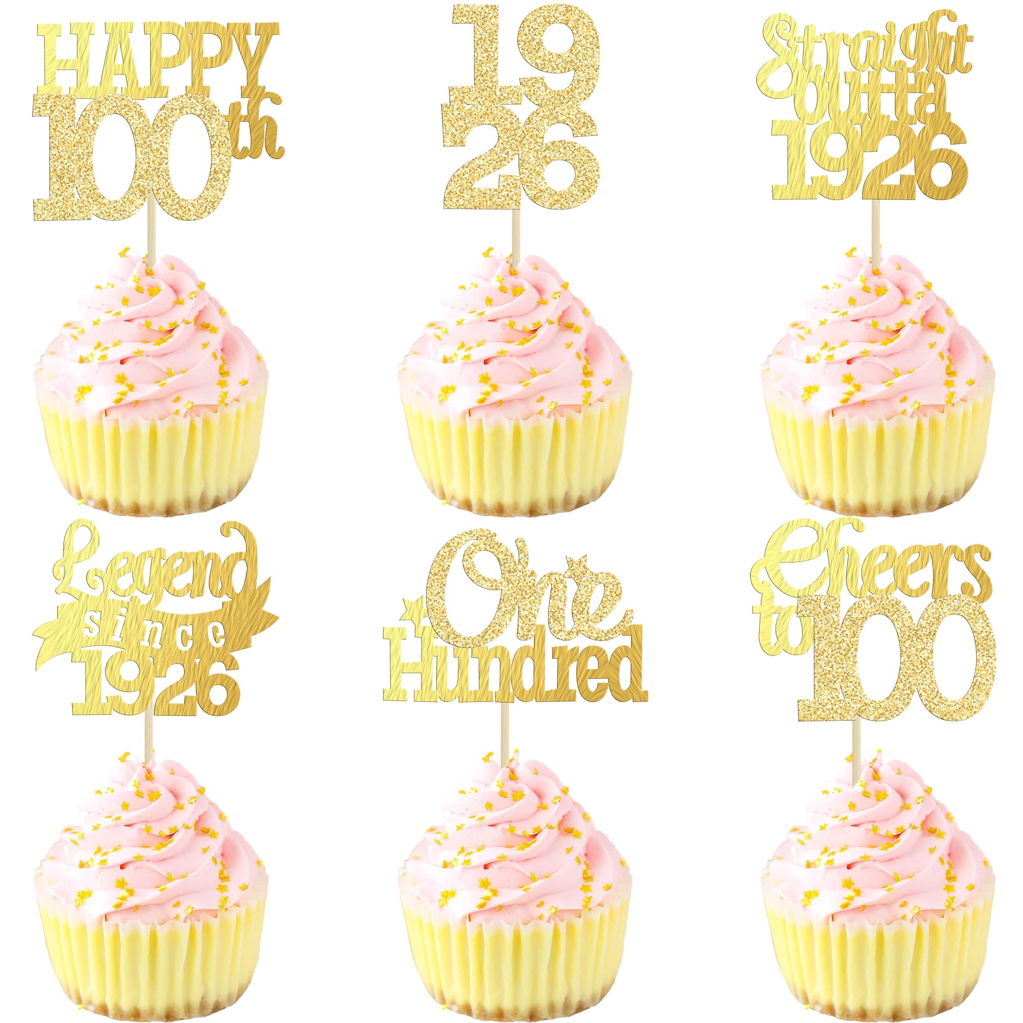 Gyufise 24Pcs Happy 100th Birthday Cupcake Toppers 100 Legend Since 1926 Cupcake Picks Cheers to 100 Years Cake Decorations for 100th Birthday Anniversary Party Supplies Gold