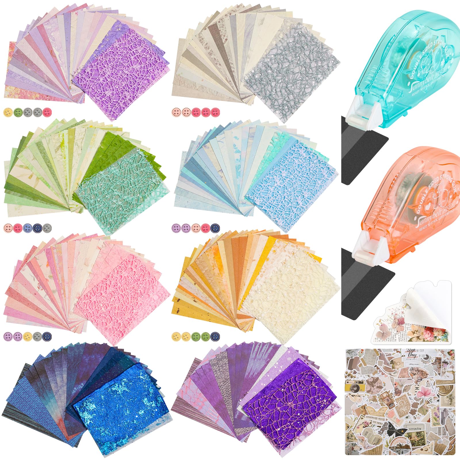 Emquito 8 Pack Textured Scrapbook Paper and Mesh Fabric Set,200 Sheets Scrapbook Supplies with Scrapbooking Paper,Scrapbook Tape and Stickers for Planner Bullet Junk Journal 5.5x3.9 Inch