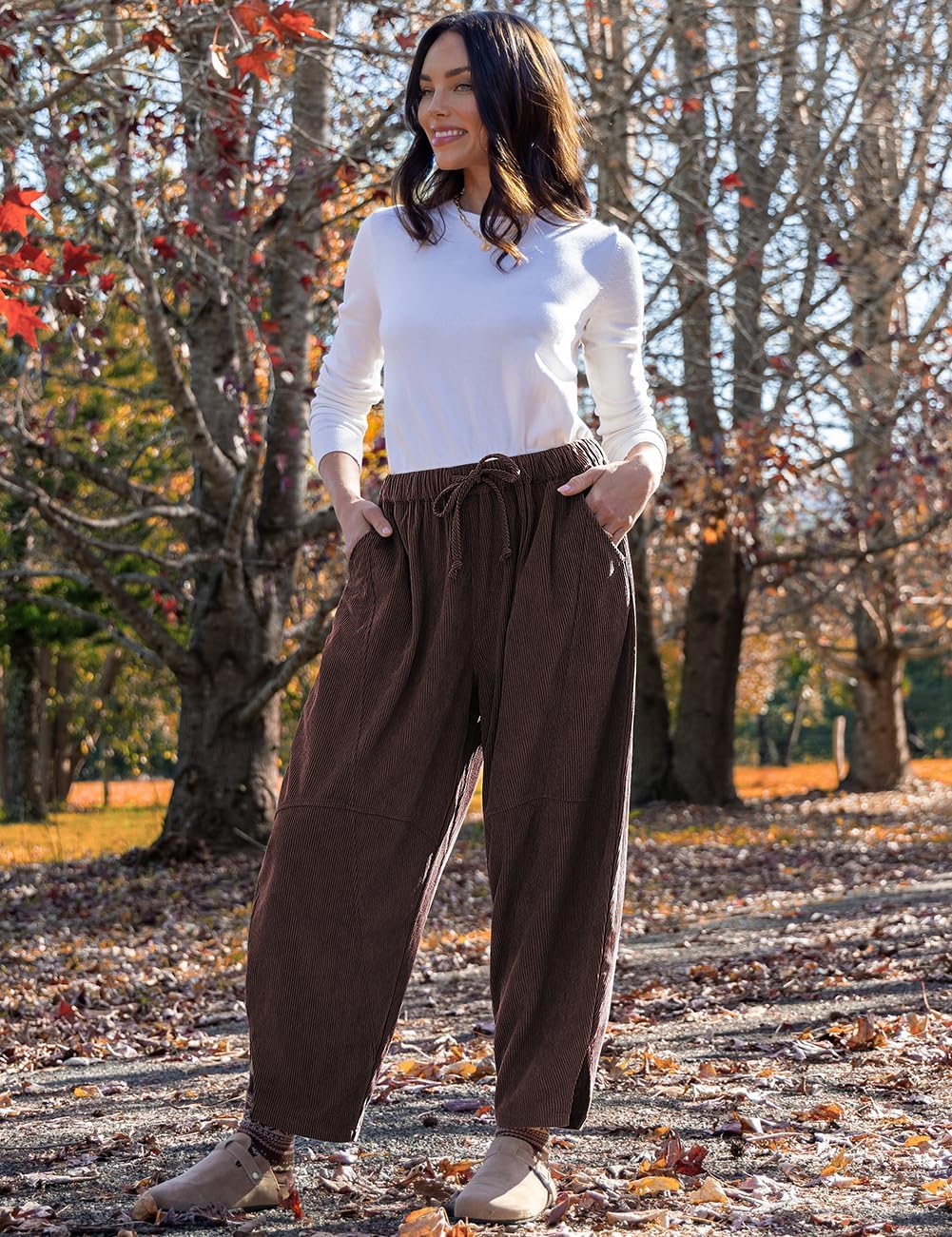 TARSE Womens Corduroy Harem Pants Casual Elastic Waist Wide Leg Pants Loose Fit Baggy Trousers with Pockets - Image 2