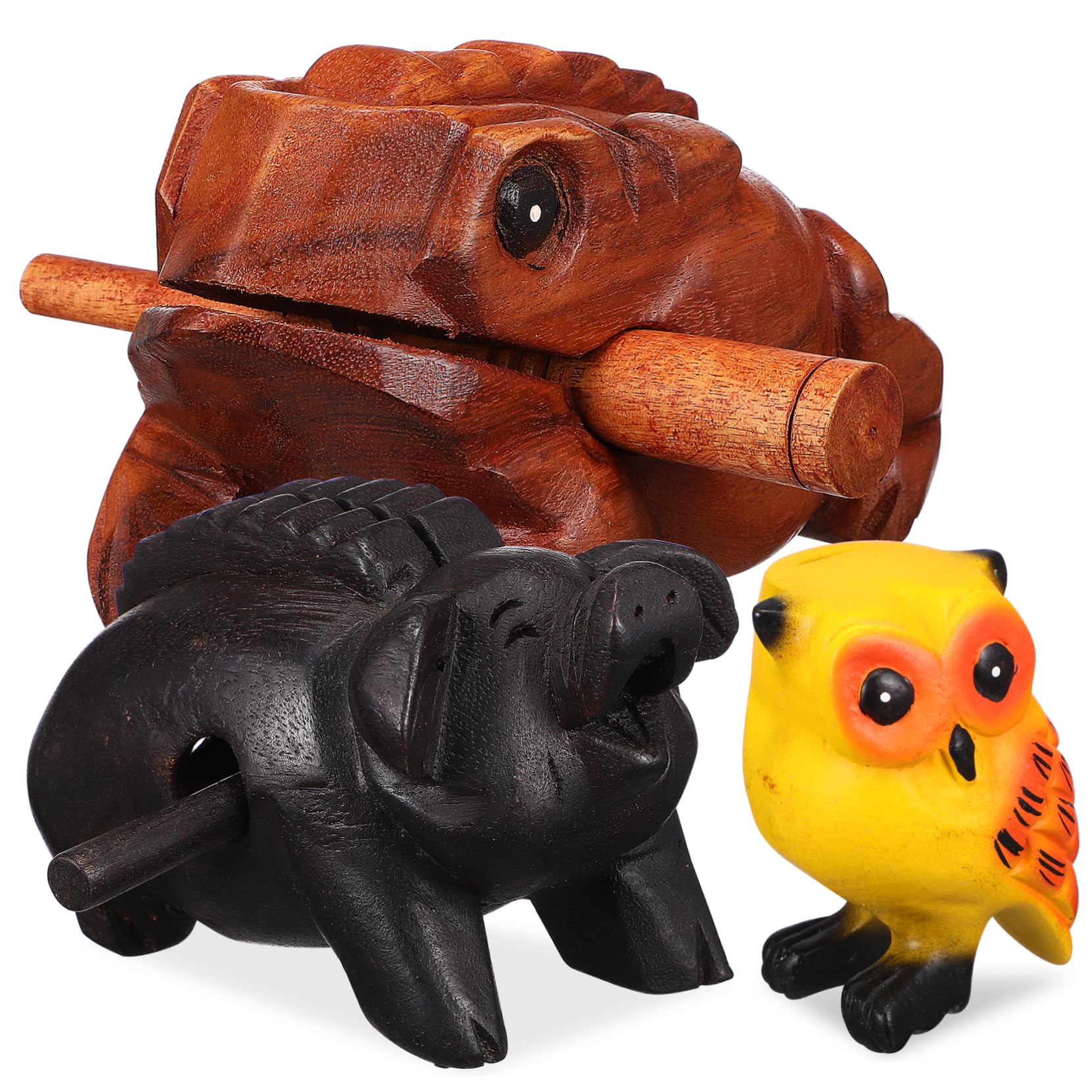 ifundom 3piezas Artesanías Que Producen Sonidos de Madera Instrumento Musical de Madera Bloque de Sonido Animal Sapo Cerdo Búho para Decoración Infantil