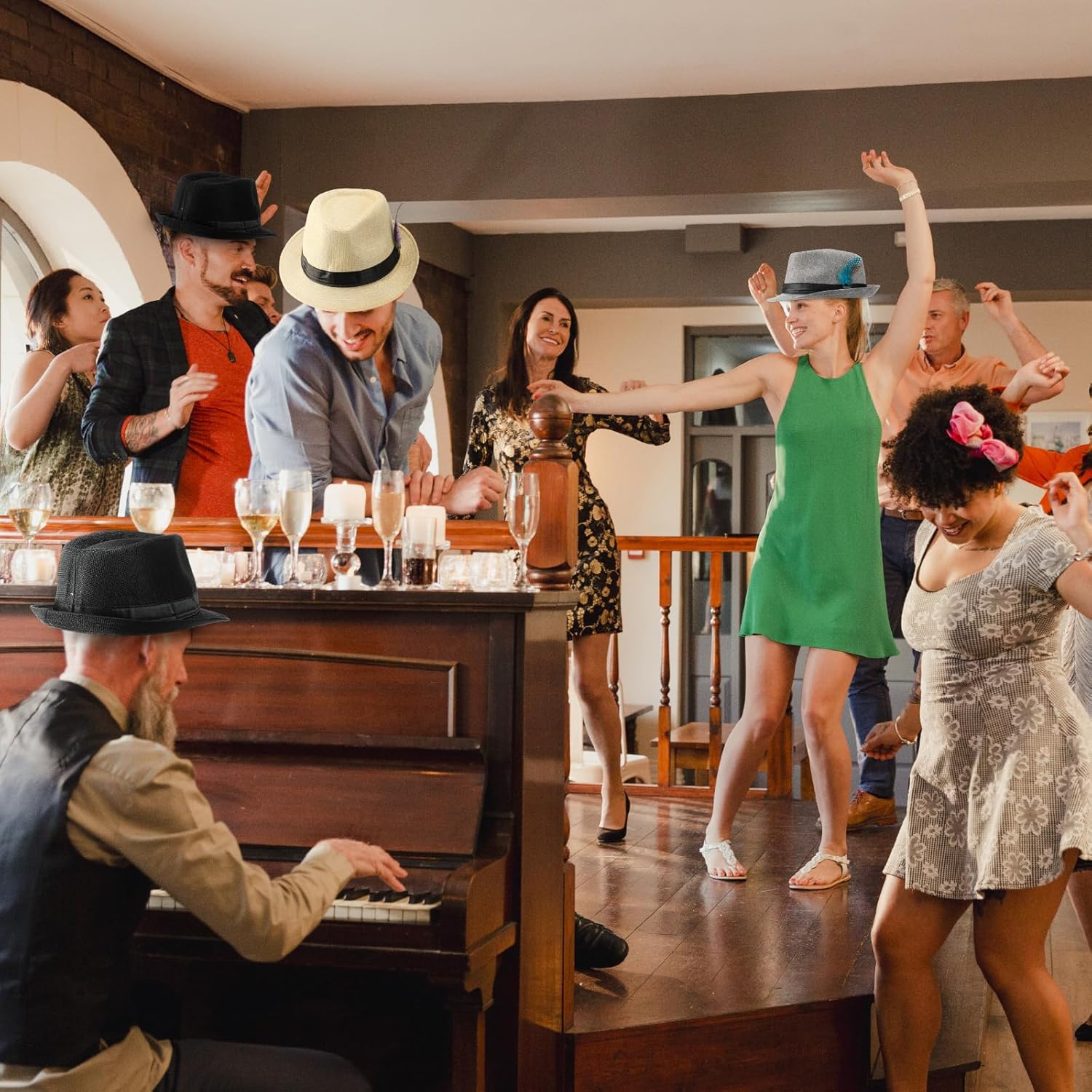 6 Pack 1920s Unisex Party Costume Straw Fedora Hats For Men, Cuban Fedora Sun Panama Hats Men with Adjustable Strap, Short Brim for Summer Beach 1920s Unisex Party Costume Women - Image 5