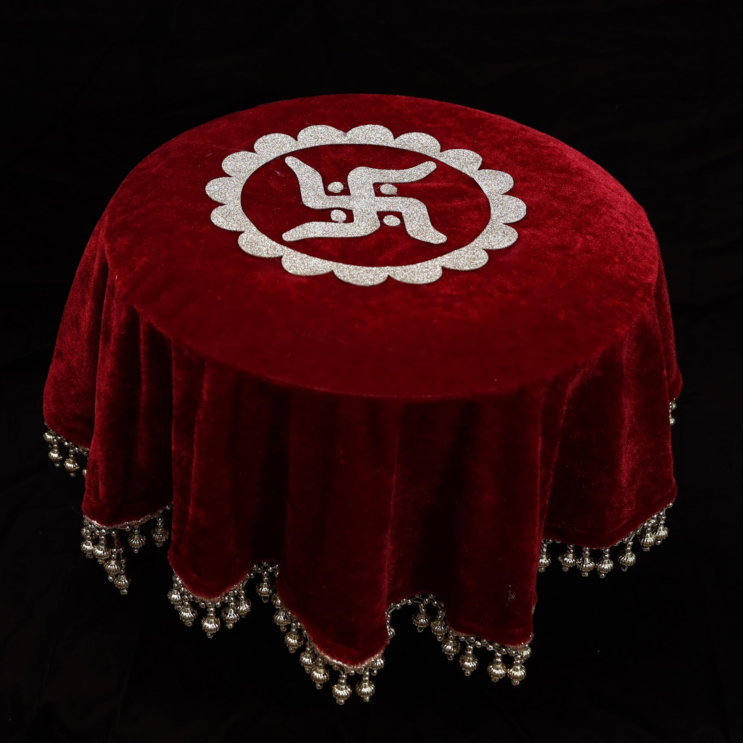 The Bride Made Round Velvet Thaalposh thaal Cover with moti Work for Diwali, Navratri, karwa chauth Shagun Wedding Pooja Karvachothand Various Puja Rituals 22 inches Maroon Colour-image-3