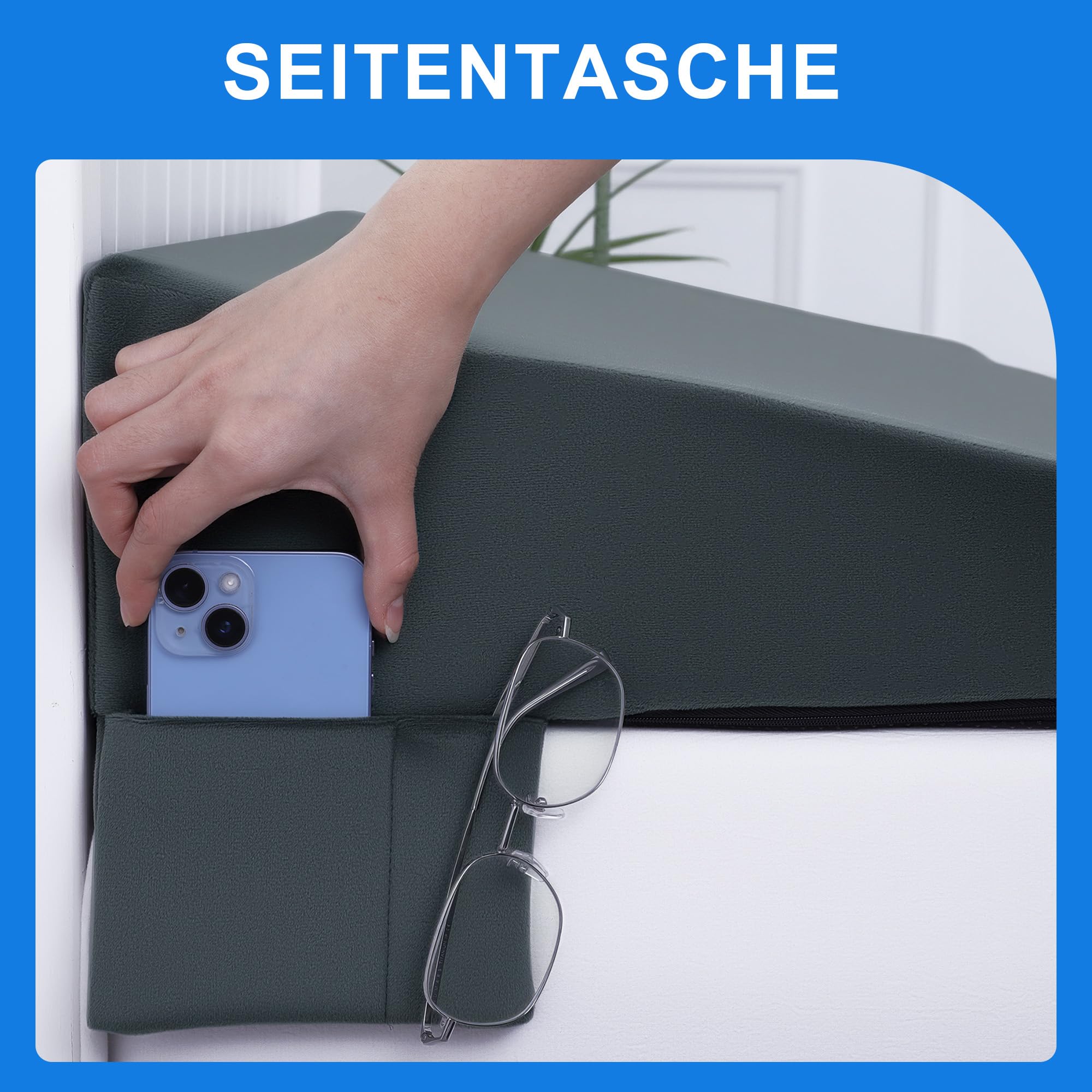 Keilkissen Kopfteil 152×59×15 cm mit Taschen, rutschfest, Grau