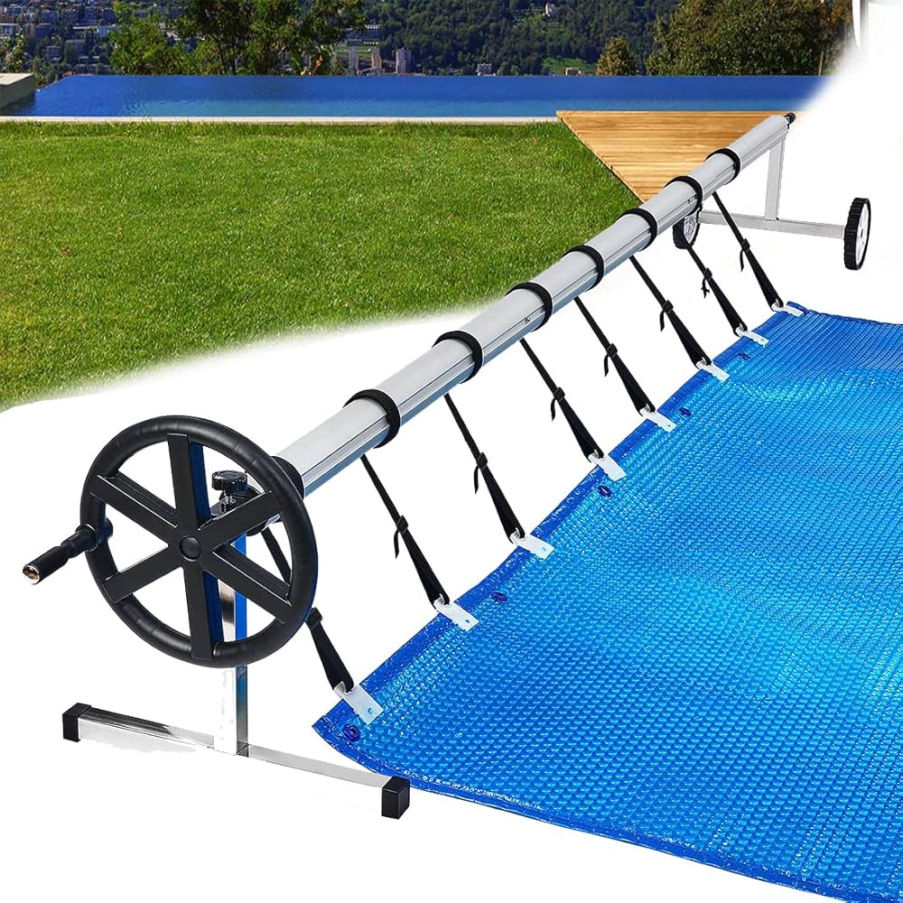 Enrouleur De Bâche De Piscine NAIZY 3-5,7m - Mobile Avec Roues Et 8 Clips - Acier Et Aluminium - Pour Liner Et Couverture