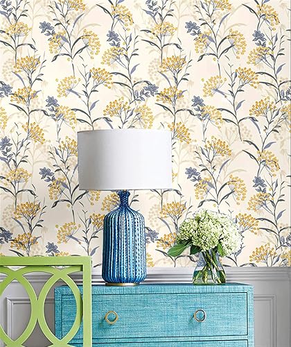 Miniatura 3 de Blooming Wall DPY08 - Papel pintado a mano para despegar y pegar acuarela, sin costuras, flores amarillas frescas con hojas azules, papel tapiz