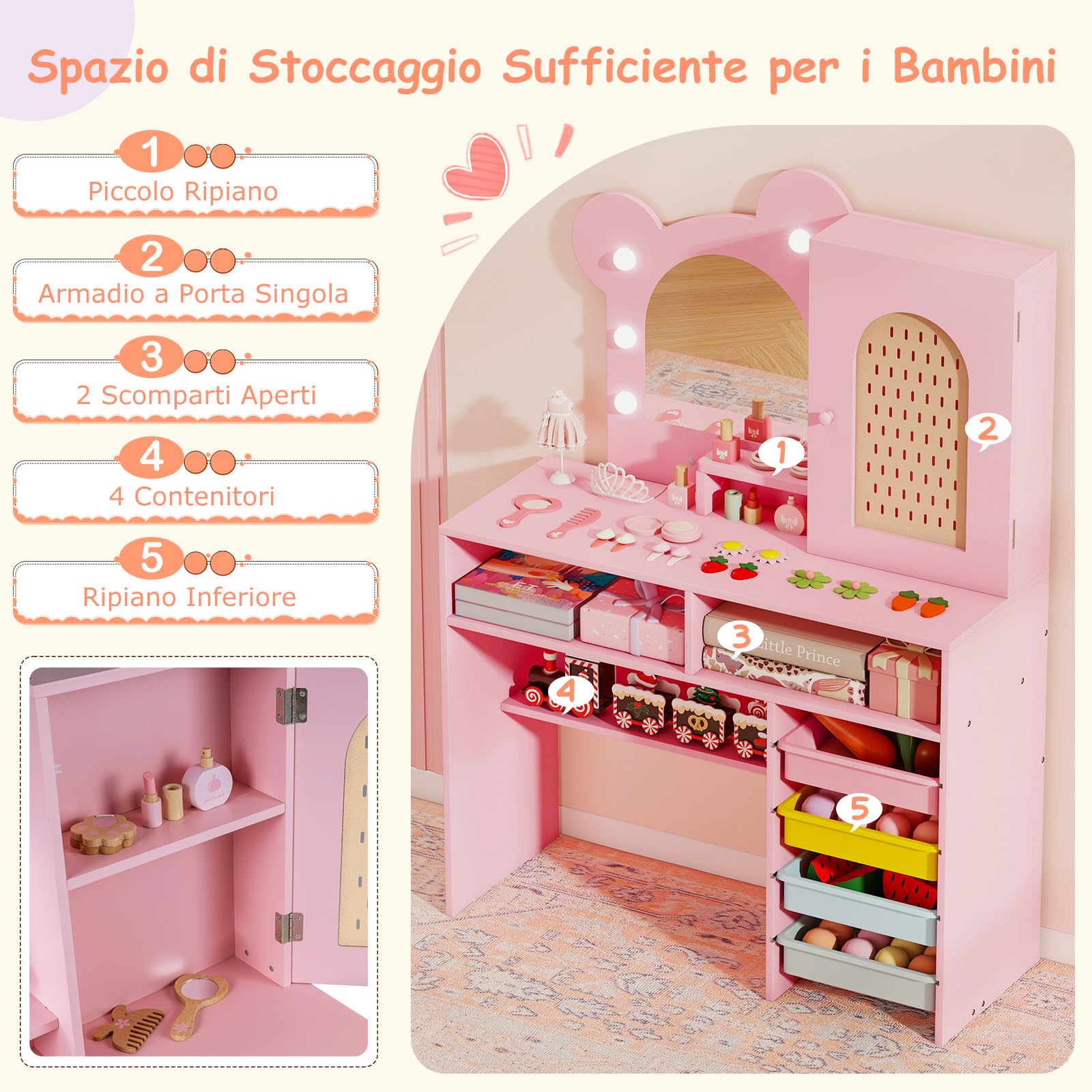 RELAX4LIFE Toeletta Trucco per Bambini con Luci, 3 Colori e Luminosità Regolabile, Set di Tavolo e Sedia on 5 Cassetti e 2 Scomparti, Postazione Trucco per Bambini 3+ Anni (Rosa)