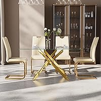 Vista 3 de Juego de Mesa de Comedor de 5 Piezas para 4, Mesa Rectangular Moderna de Vidrio con 4 Sillas Tapizadas de Cuero, Muebles de Comedor que Ahorran