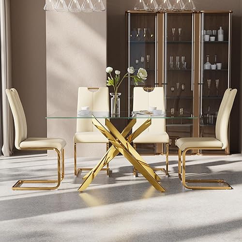 Miniatura 38 de Juego de mesa de comedor de 7 piezas para 6, mesa rectangular moderna de cristal con 6 sillas tapizadas de cuero, juegos de mesa y sillas de comedor