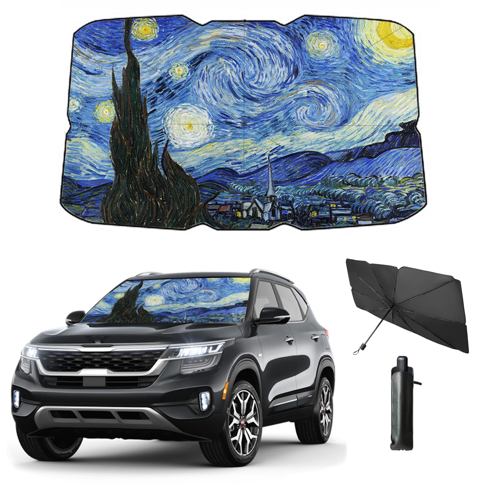 Windshield Sun Shade Van Gogh Starry Sky Umbrella for Car Front Window Sun Visor 2025 Car Summer Accessories 100% Blackout Protect Interior from Sun UV Rays & Heat 57"*31"(Starry Sky)