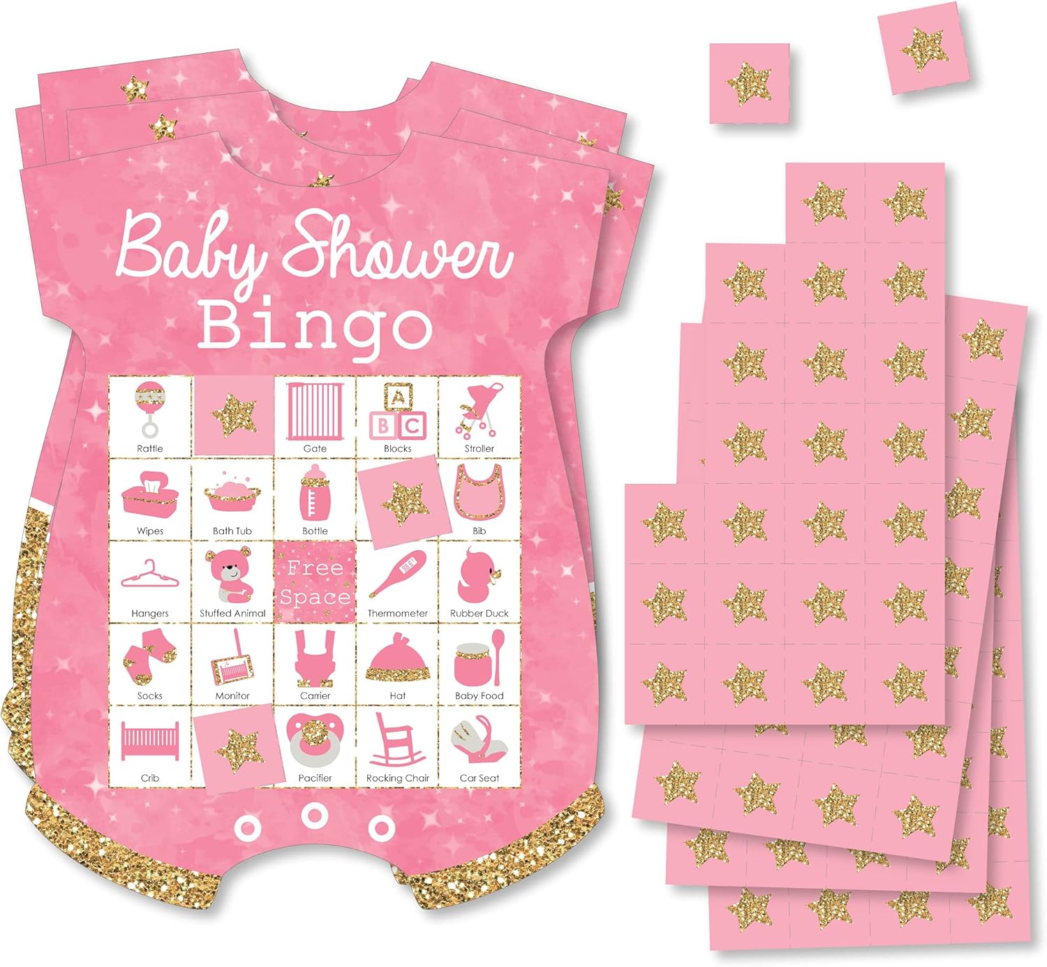 Big Dot of Happiness Pink Twinkle Twinkle Little Star - Picture Bingo Cards and Markers - Baby Shower Shaped Bingo Game - Set of 18