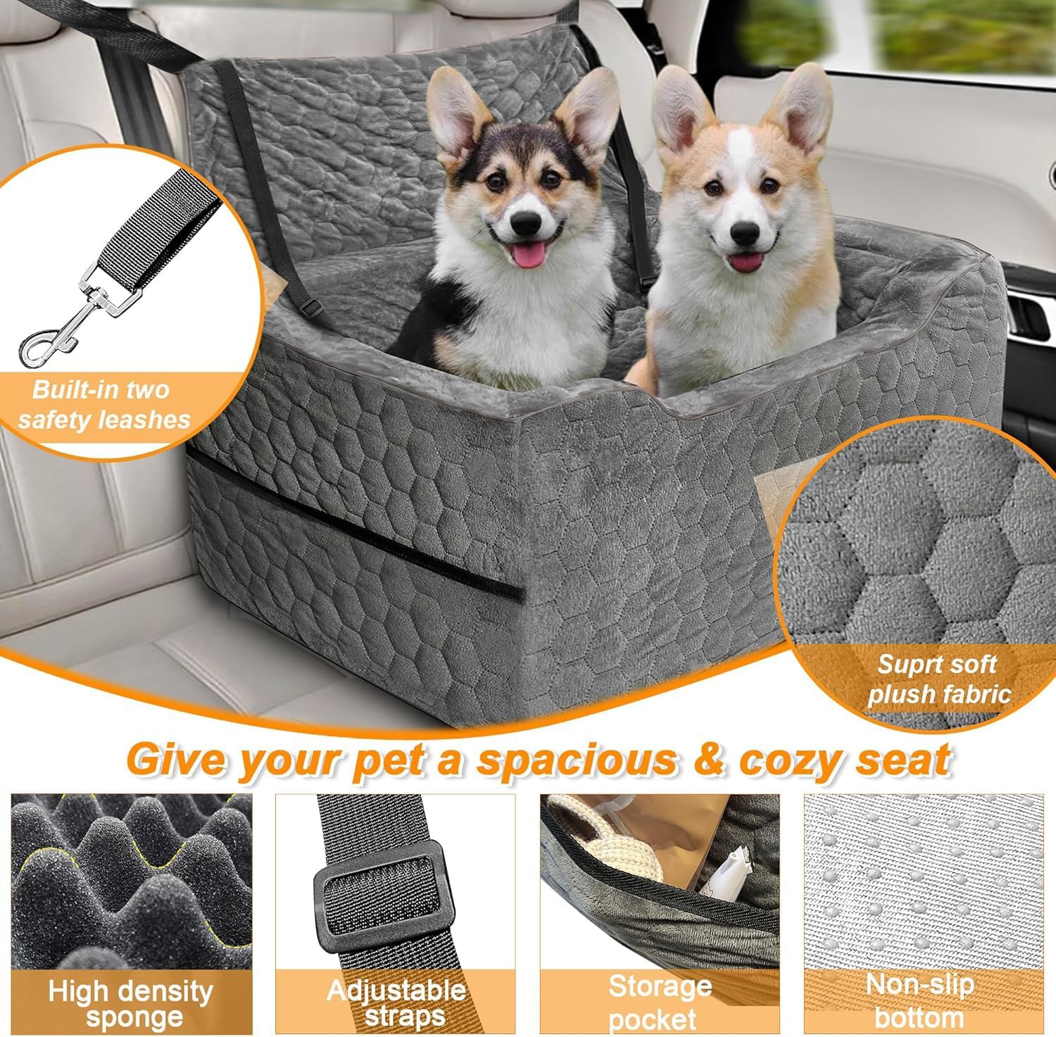 Dog Car Seat for Medium/Large Dog Booster Seat Under 60 lbs or 2 Small Dogs, Multi-Functional Pet Car Seat with Thick Cushion, 2 Safety Leashes (Gray) thumbnail