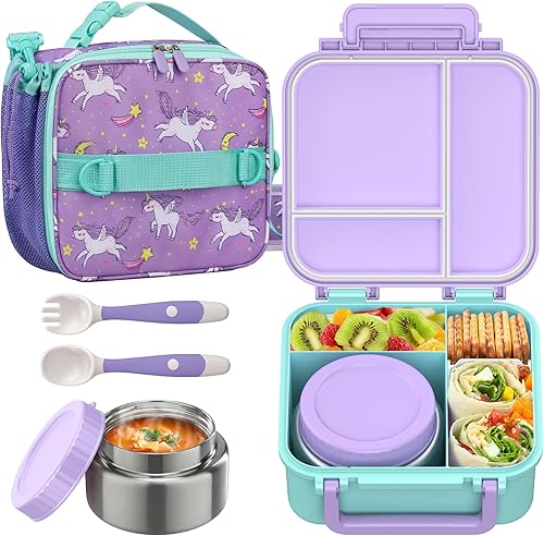Miniatura 15 de Lonchera Bento para niños con termo de 9 onzas, recipientes de almuerzo a prueba de fugas con 3 compartimentos, tamaño apto para niños, lonchera