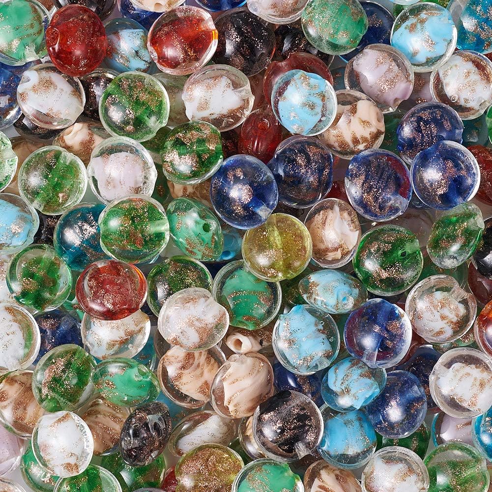 200pcs Handmade Gold Sand Lampwork Flat Round Beads Colorful Crystal Glass Loose Coin Disc Spacer Beads 12mm for DIY Bracelet Necklace Jewelry Crafts Making Hole: 2mm