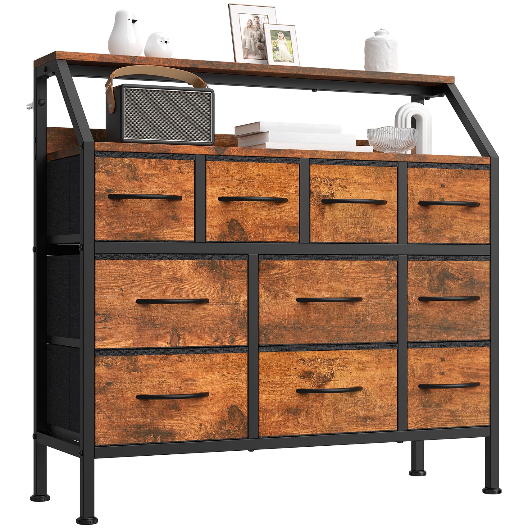 GoaHi 10-Drawer MDF Chest of Drawers, Compact Storage Unit with 4 Large & 6 Medium Drawers, Open Shelf on Top & Desk Top, Adjustable Feet & Anti-Tip, for Bedroom, Living Room, Hallway, Rustic Brown
