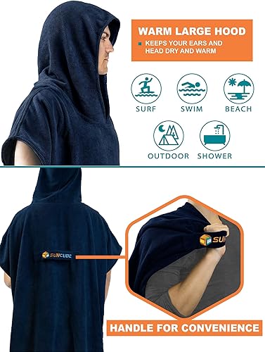 Miniatura 24 de SUN CUBE Poncho de surf cambiador con capucha Toalla de microfibra absorbente de secado rápido con bolsillo para surfear, hombres y mujeres Azul