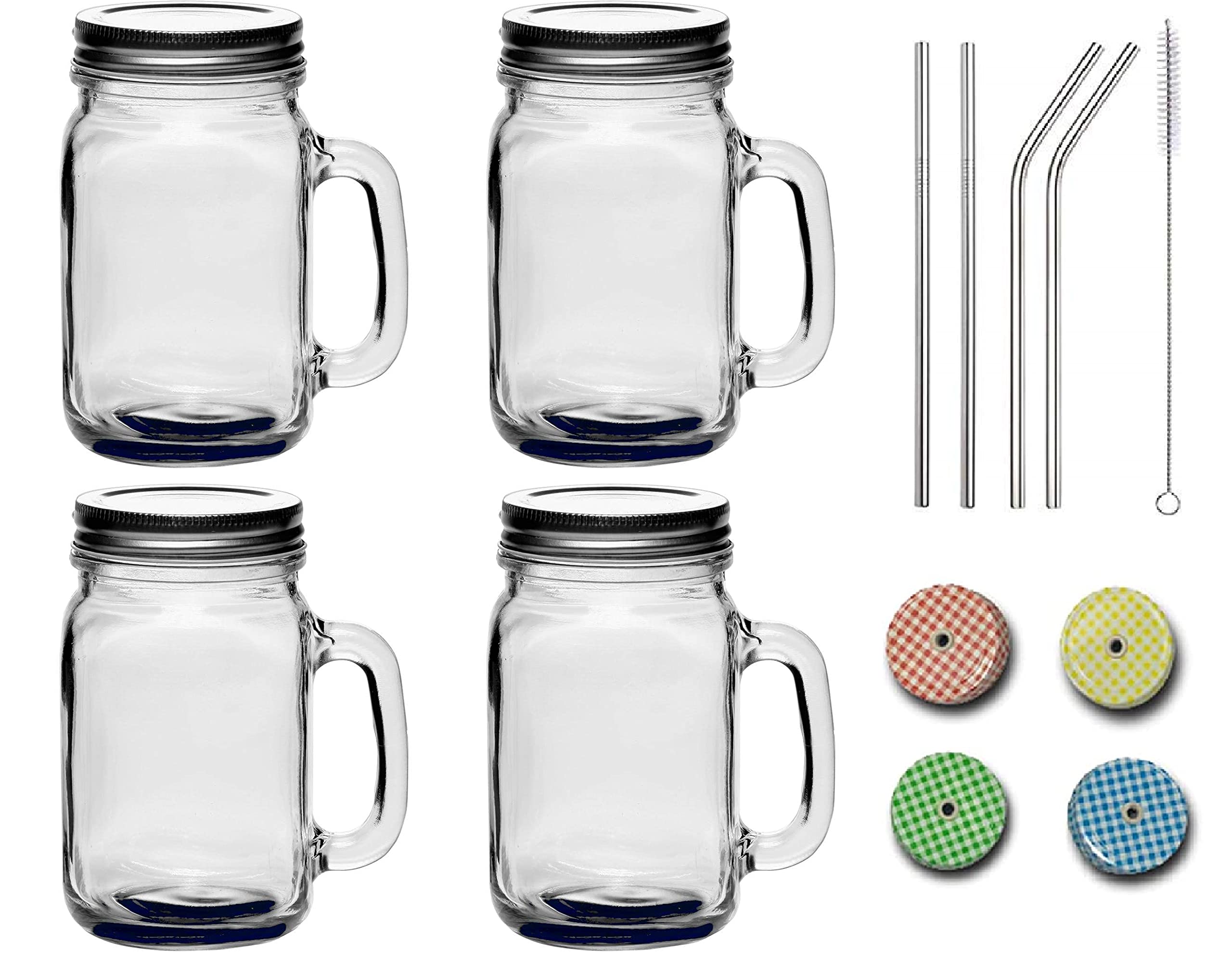 SAVE™ Mason Jars & Stainless Steel Straw Set, Extra Lids with Hole | Airtight Lid | Transparent Glass | 450 ml | Handle Mason Jar (Plain)