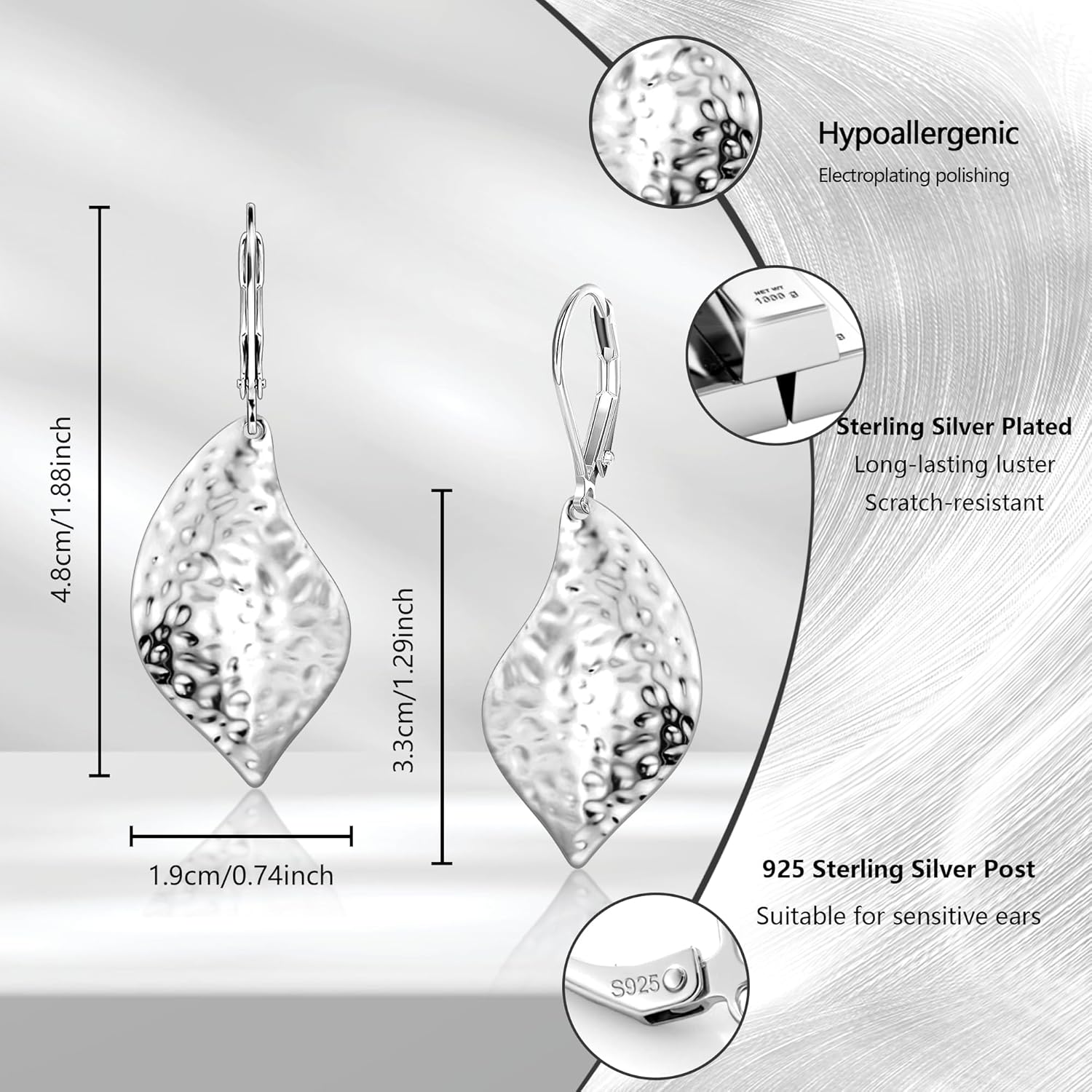 Sterling Silver Hammered Leaf Dangle Earrings for Women Trendy Lightweight Hypoallergenic 14K Gold Plated Drop Earrings French Leverback - Image 3