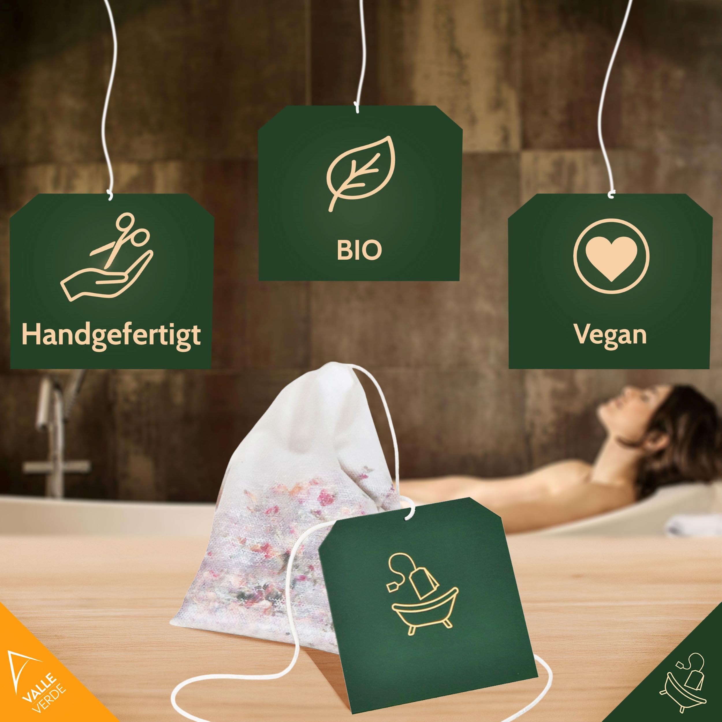 Valle Verde Badetee, Bade-Tee, Wellness-Bad, Aromatherapie, Entspannung, Hautpflege - Hangefertigt, 100% Natürlich - Himalayasalz, Lavendel, Grüner Tee, Rosenblätter (3er Pack)