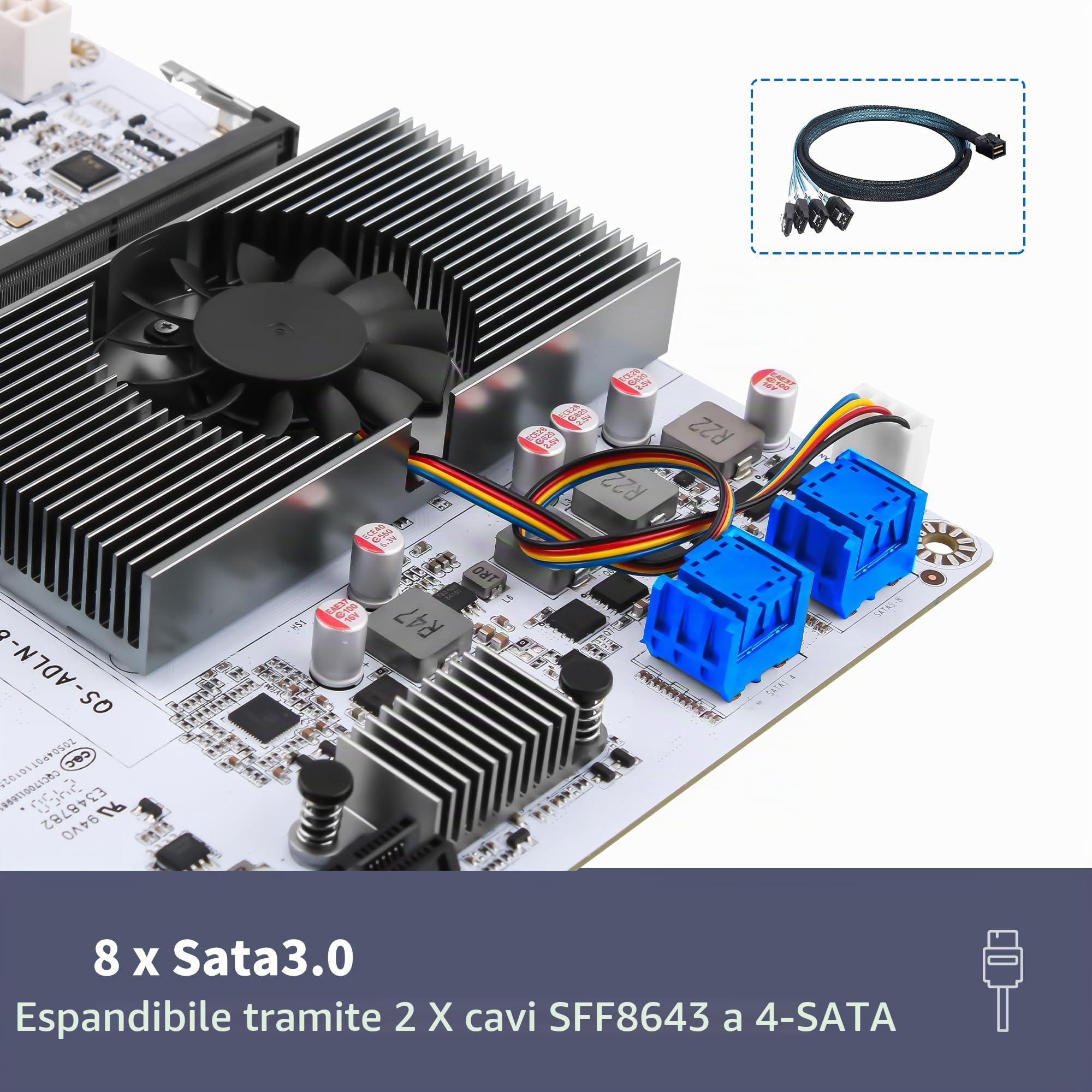 CWWK NAS Motherboard 8 Bay con 10GbE RJ45, N150 CPU Mini ITX Scheda madre Bianco M8, 2 x NVMe, Dual 2.5GbE LAN, M.2 WiFi, USB-C, DDR5 NO RAM/SSD, PCIe x1, TF (2x 4-SATA Cable)