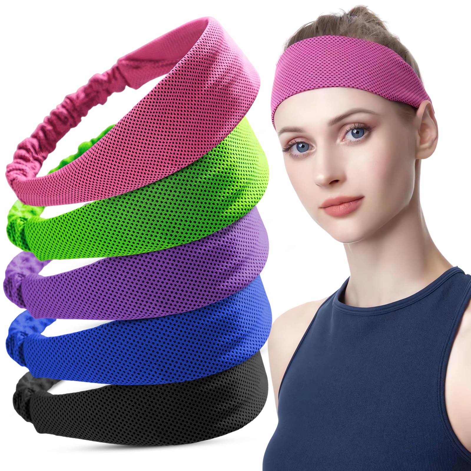 5PCS Cooling Headbands, Stretchy Cooling Sweatbands, Moisture-Wicking Sports Headbands for Women and Men