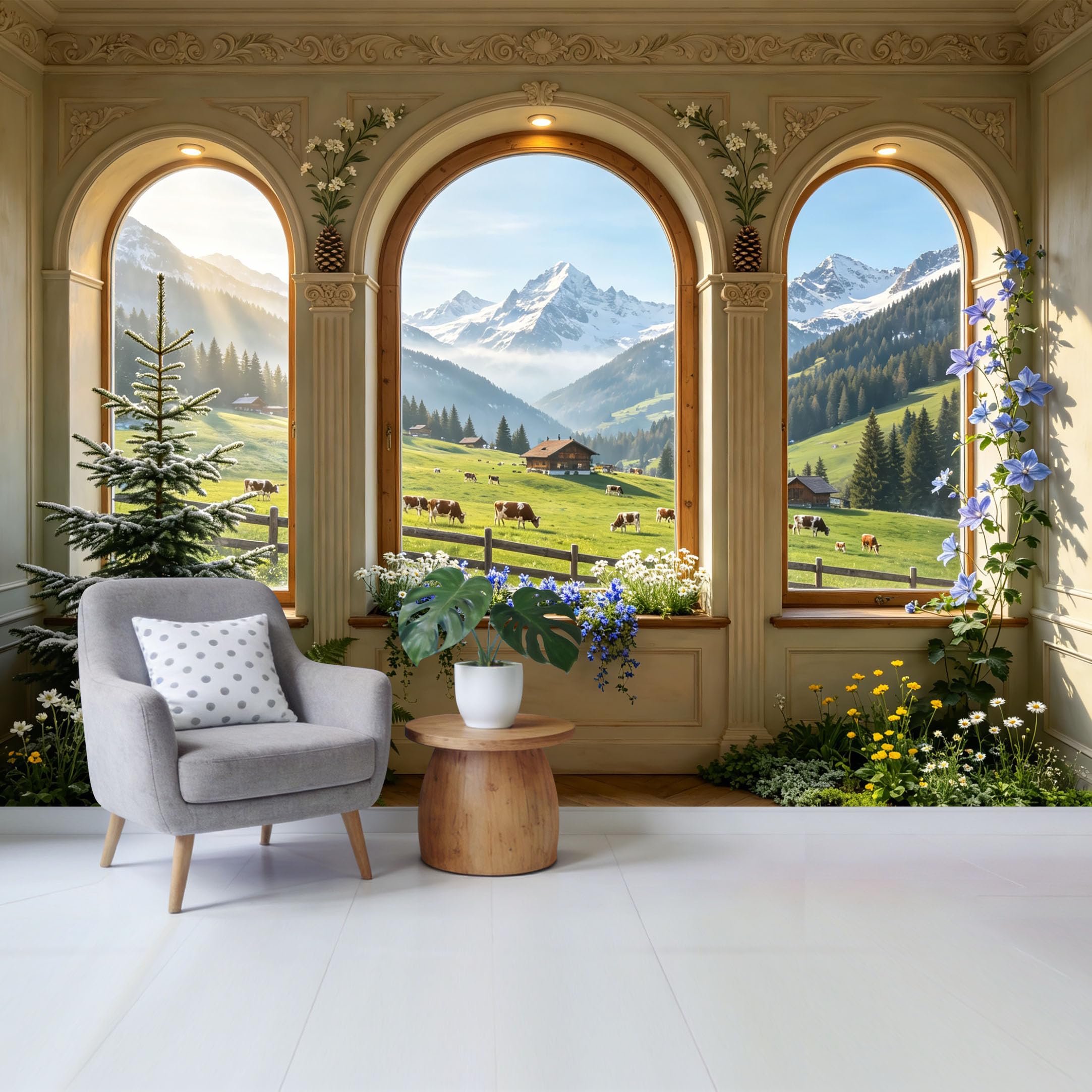 Removable Self Adhesive Fabric Mural， 3D Alpine Mountain Meadow Landscape Custom Size Wall Covering， UV Protected Waterproof Washable Wall Decor for Living Room Bedroom Bathroom