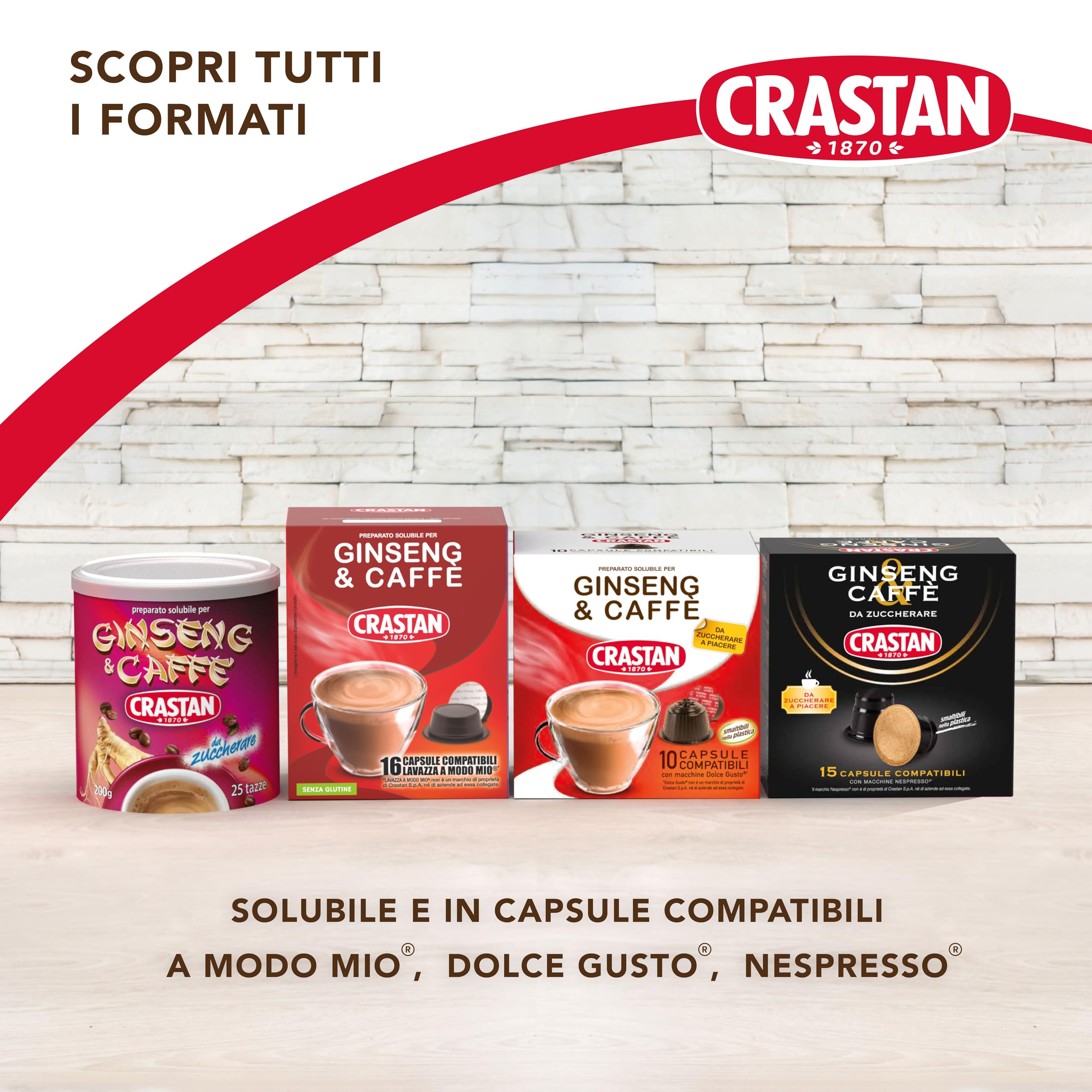 Crastan, Ginseng & Caffè, Preparato Solubile a Base di Ginseng e Caffè da Zuccherare a Piacere, 50 Tazze, Bevanda Senza Glutine e Grassi Idrogenati, 100% Made in Italy, 2 Barattoli da 200 gr